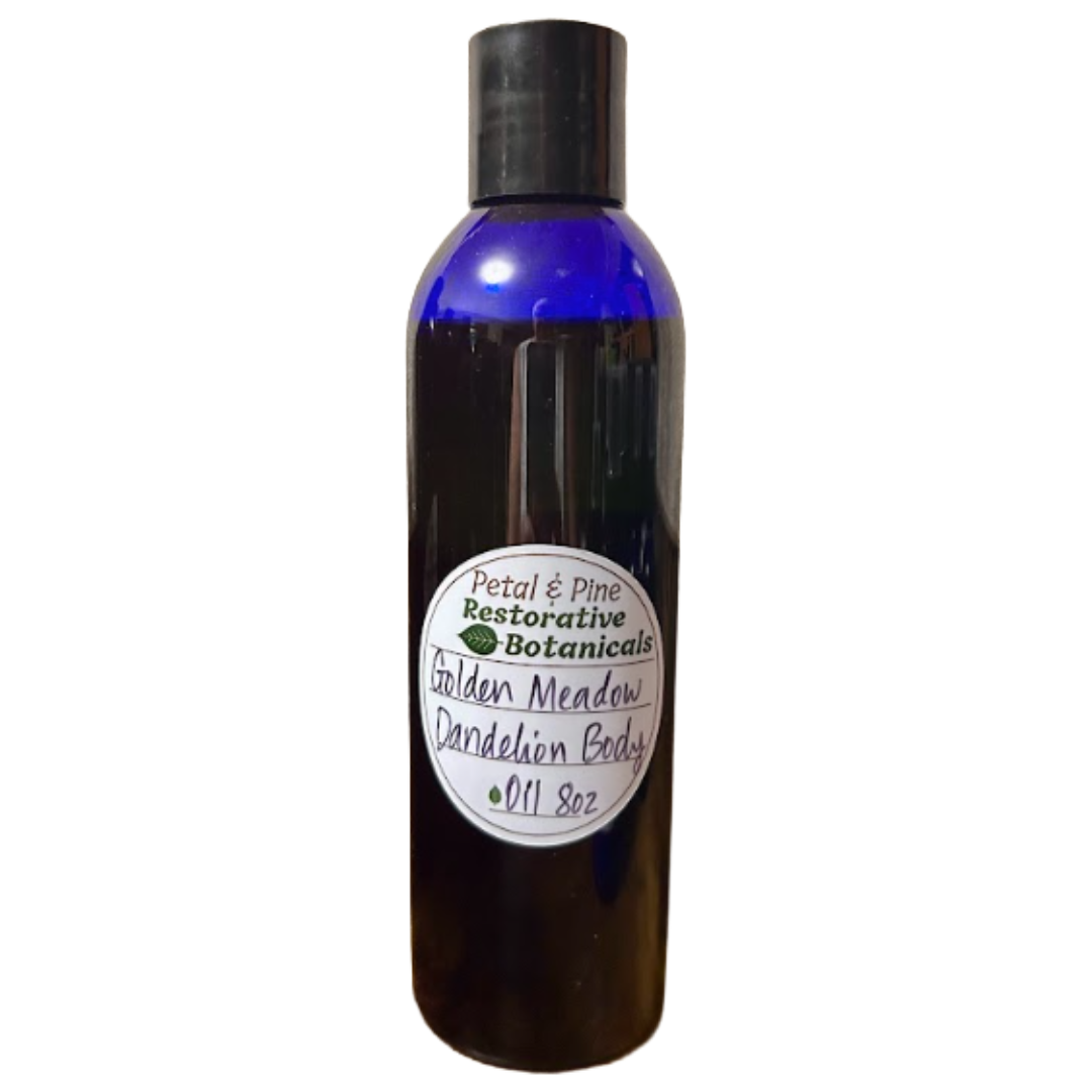 Blue Bottle with Petal and Pine Logo Golden Meadow Dandelion Body Oil