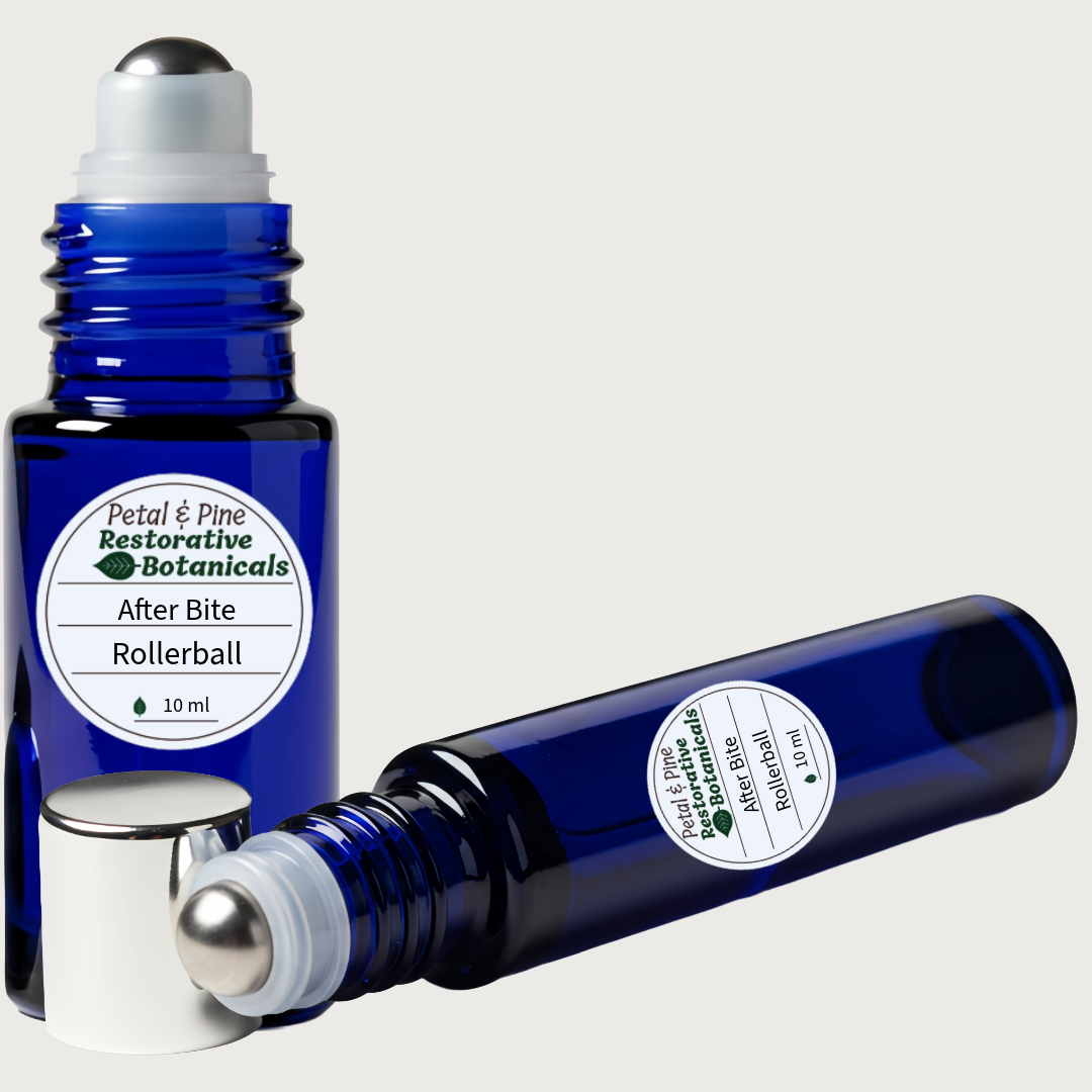 Blue rollerball bottle with a white label on a light gray background