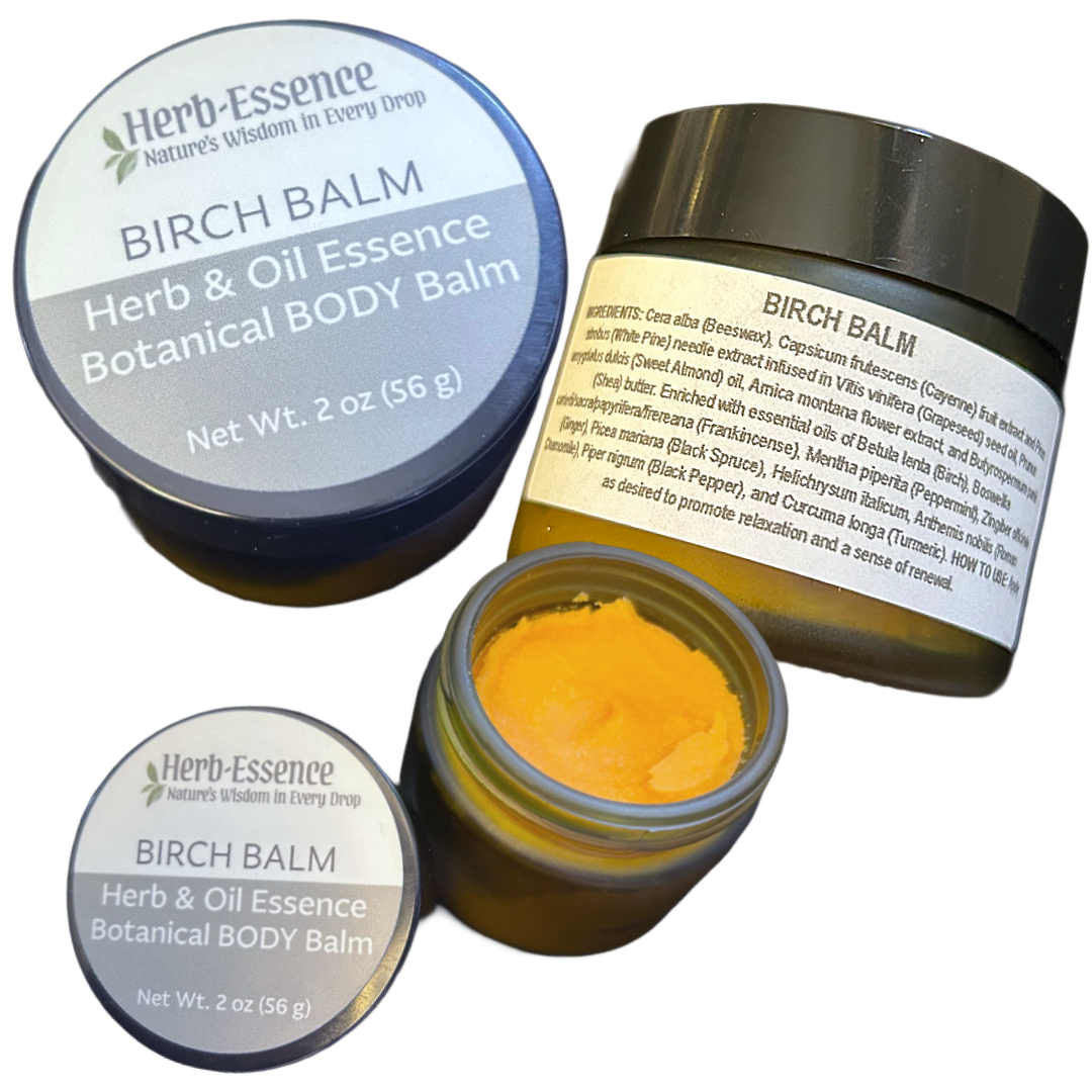 Herb Essence Birch Balm with open jar showing yellow balm inside on a white background