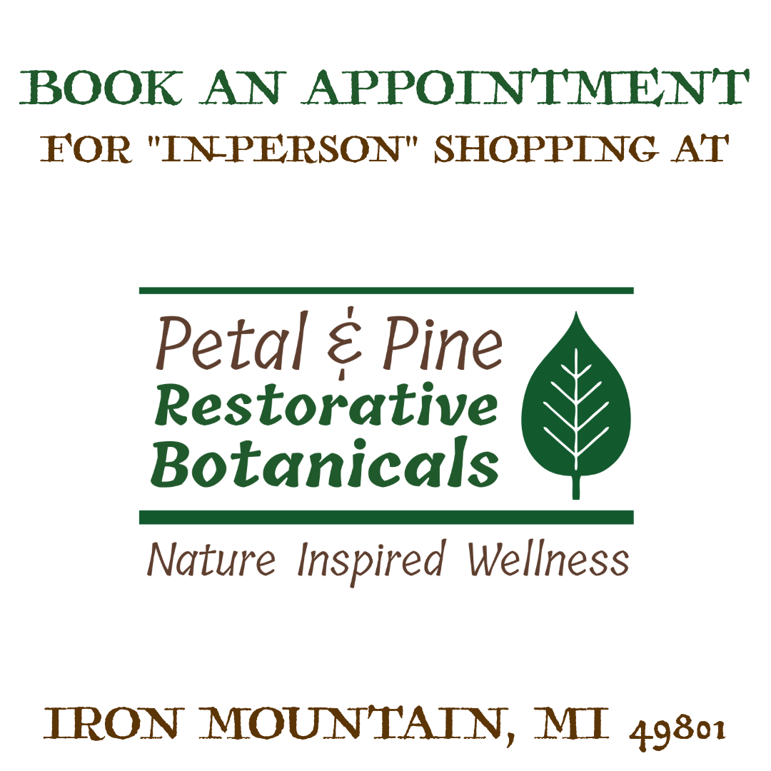 Shop Petal & Pine Restorative Botanicals with contact information on a white background