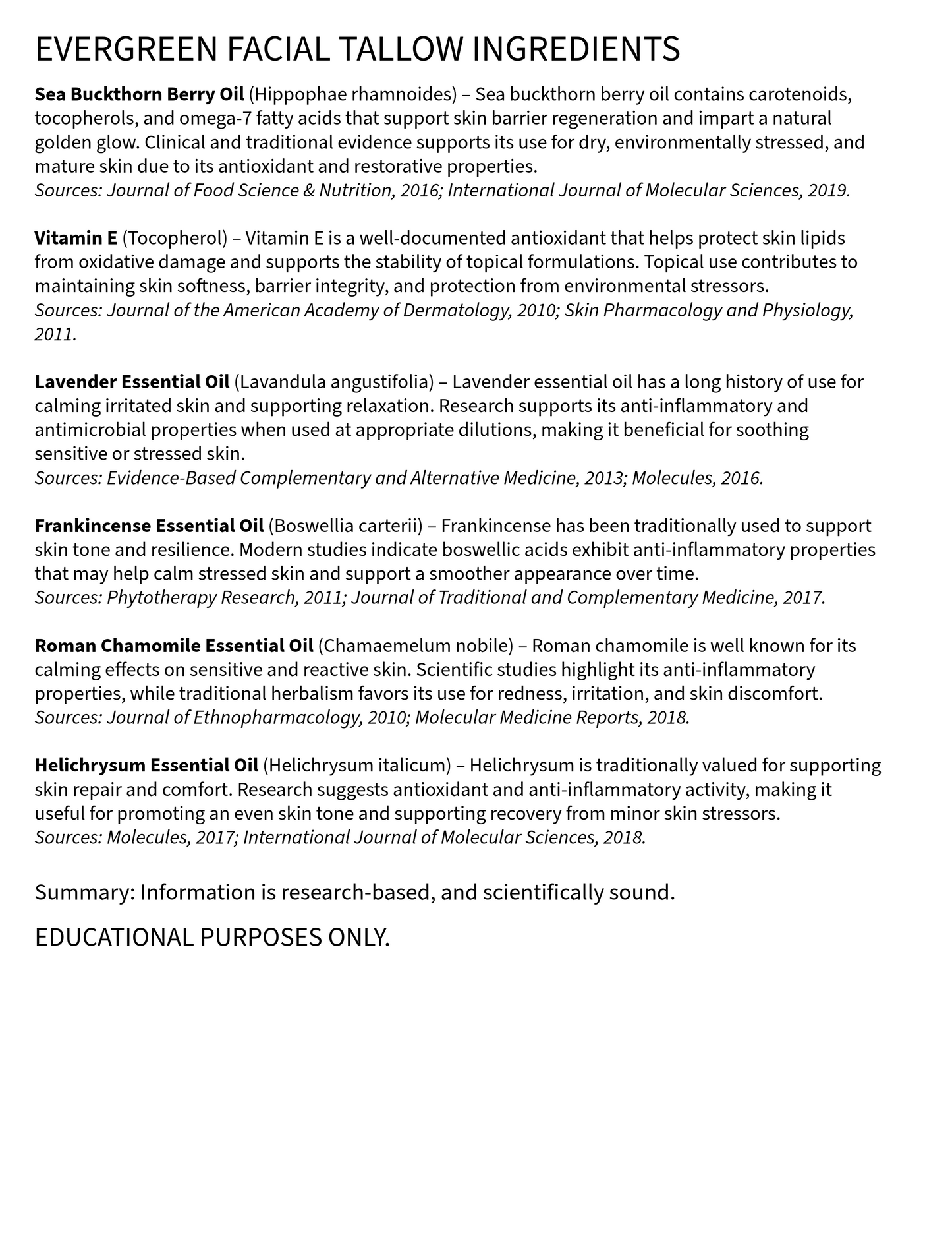 List of Evergreen Facial Tallow Ingredients with sources cited on a white background