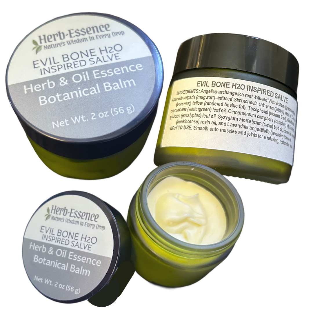 Herb Essence Evil Bone H2O Inspired Salve with open jar showing balm inside on a white background