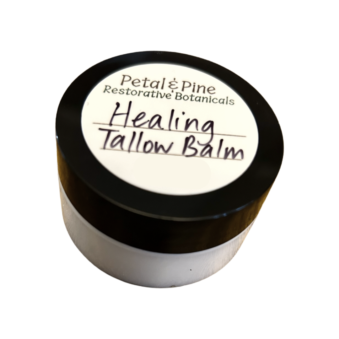 Healing Tallow Balm container with 'Petal & Pine' branding on a white background