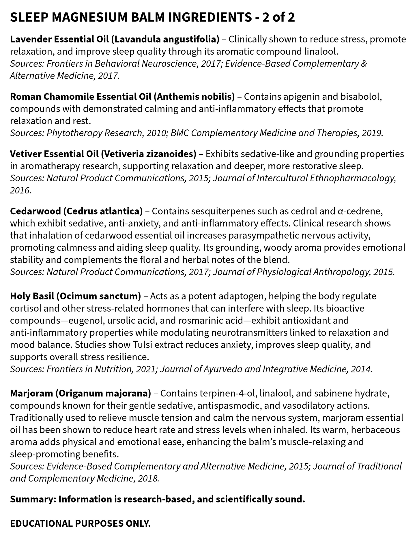 Sleep Magnesium Ingredient Listing with scientifically proven thoughts on a white background