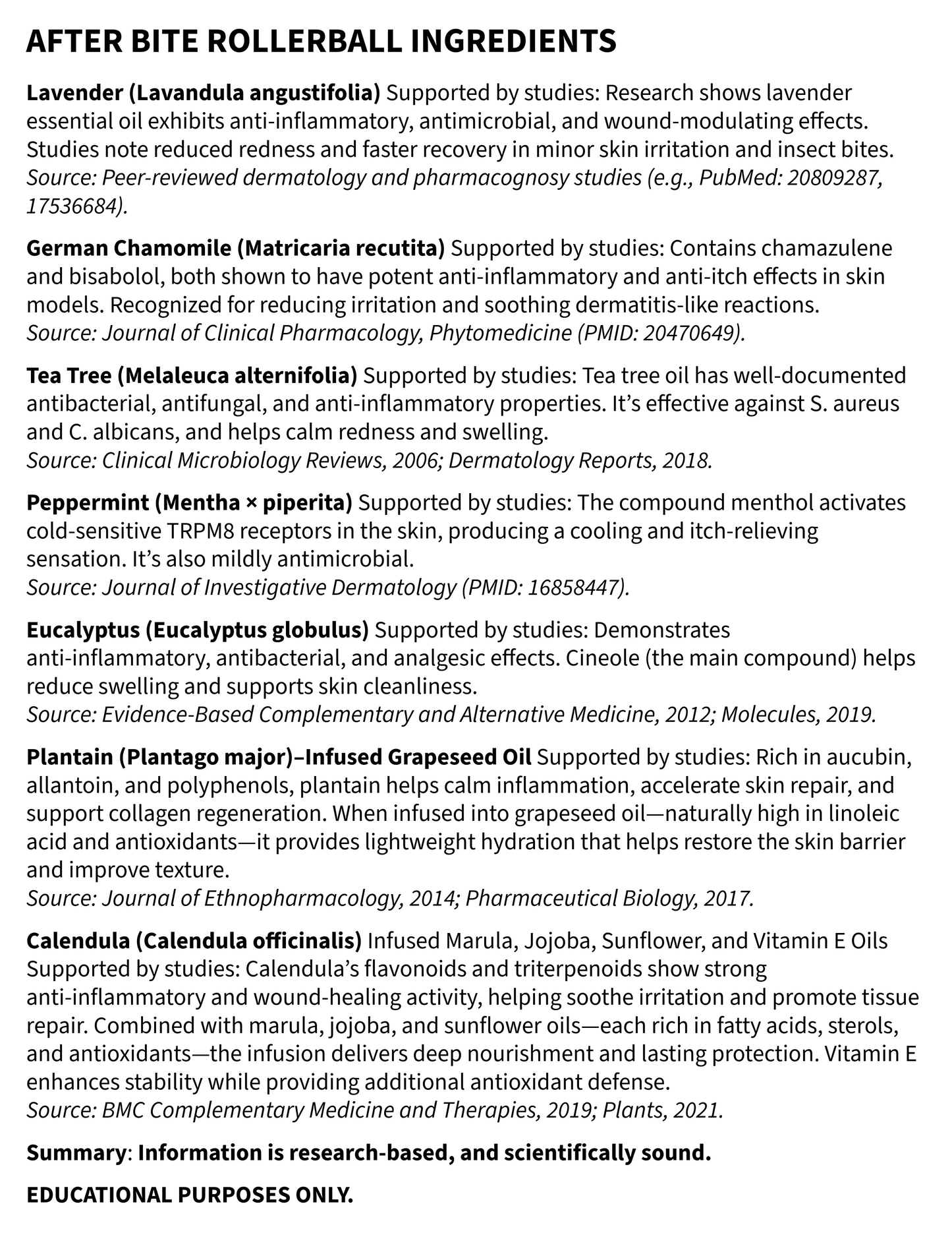 List of rollerball ingredients with supporting research and sources on a white background