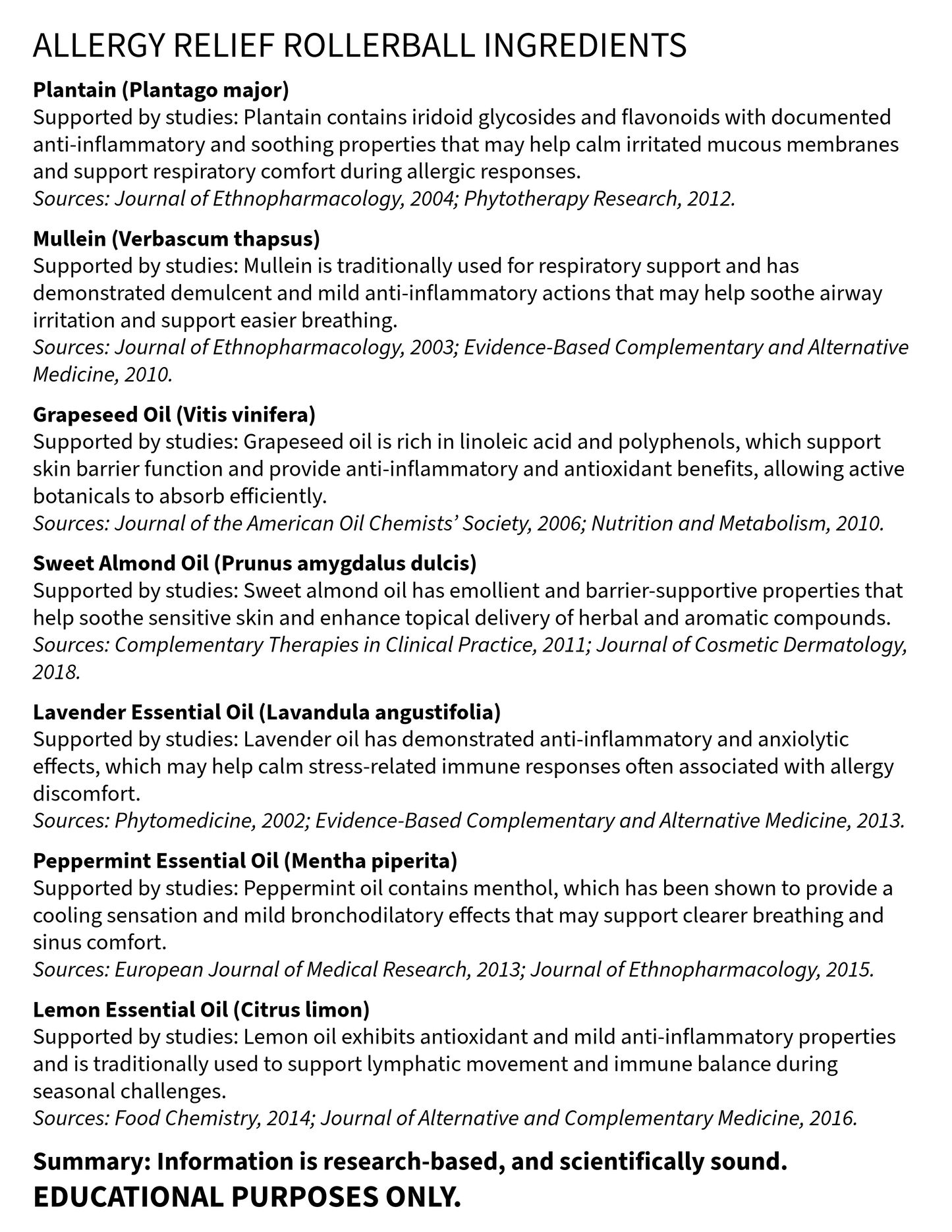 List of allergy relief rollerball ingredients with sources cited on a white background