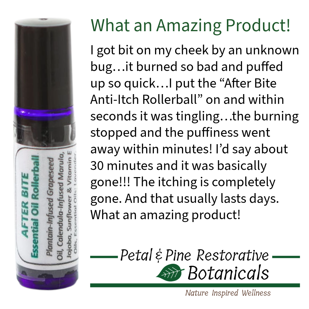 After Bite Herbal and Essential Oil Rollerball with customer review text on a white background