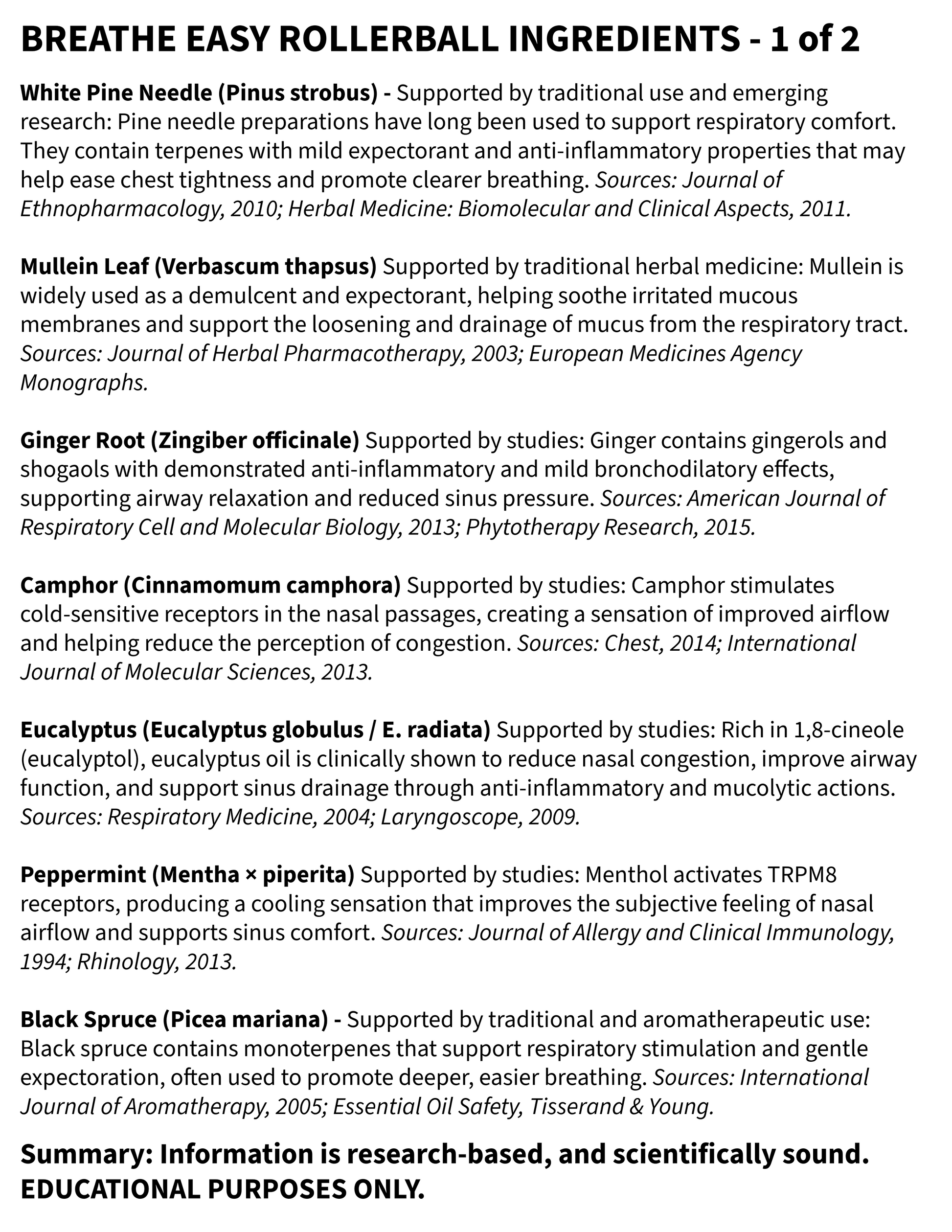 List of Breathe Easy Rollerball ingredients with supporting sources on a white background