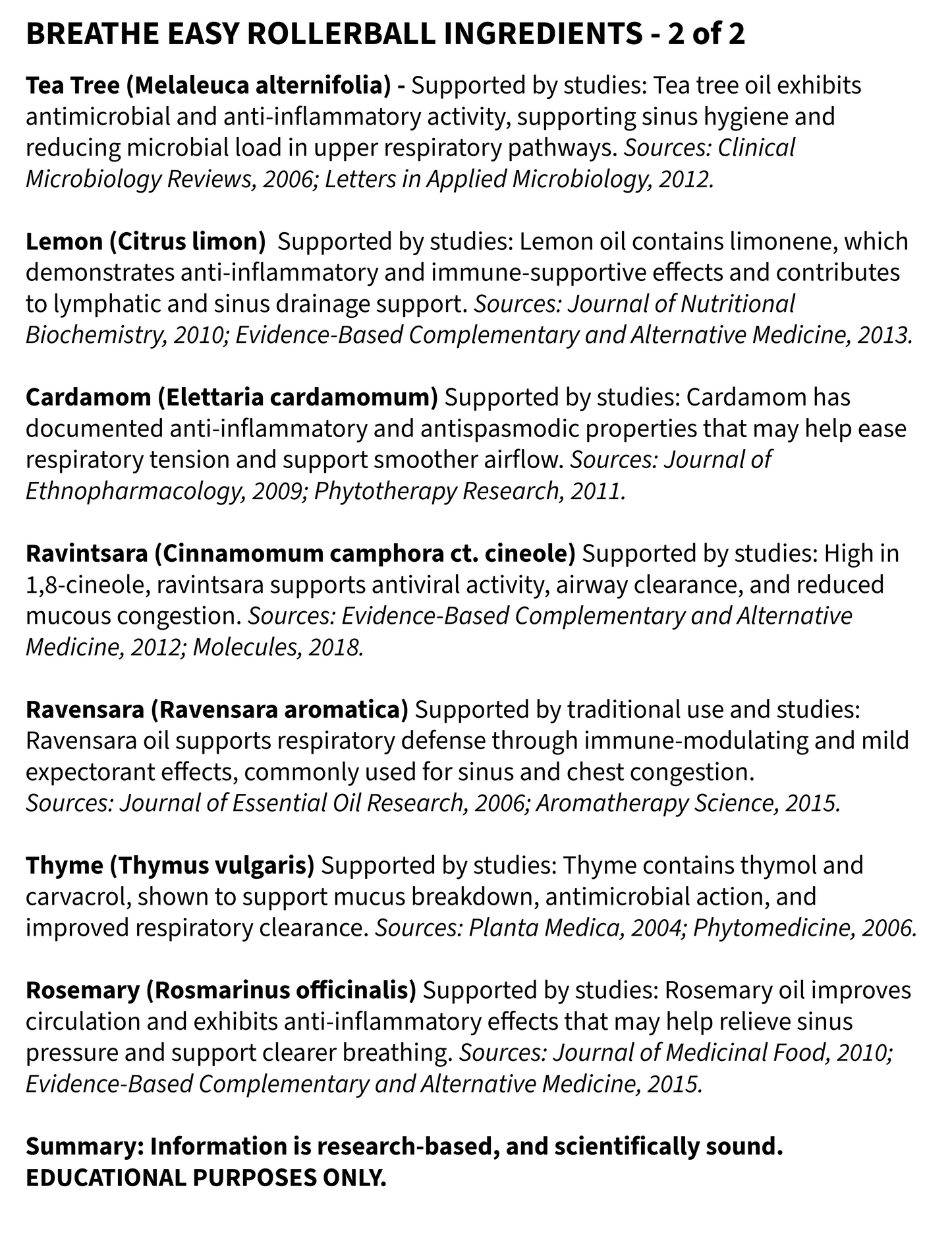 List of rollerball ingredients with supporting studies on a white background