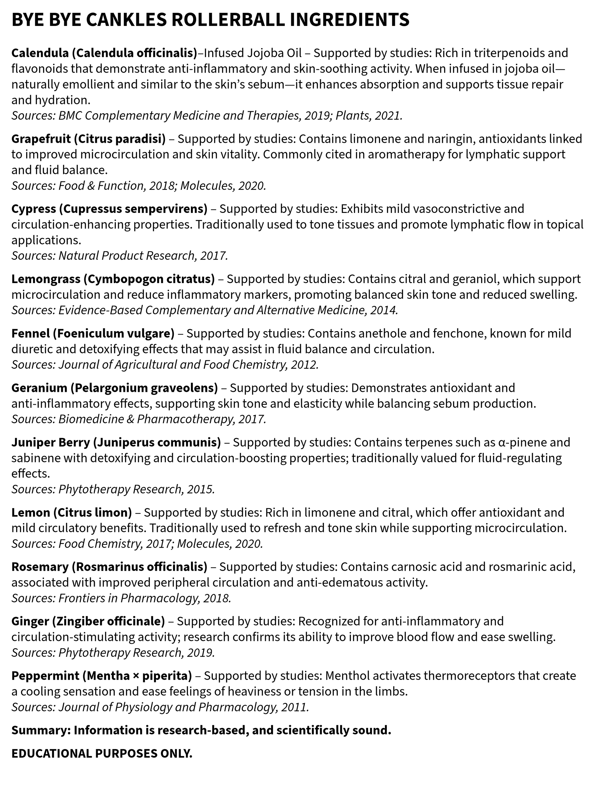 List of Bye Bye Cankles Rollerball Ingredients with supporting sources on a white background
