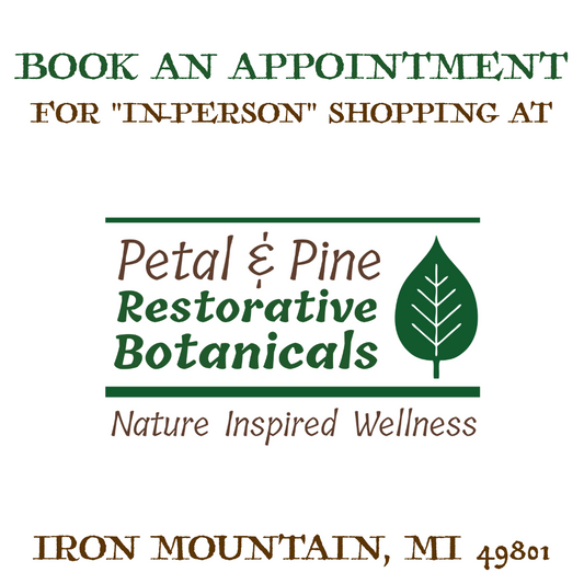 Shop Petal & Pine Restorative Botanicals with contact information on a white background