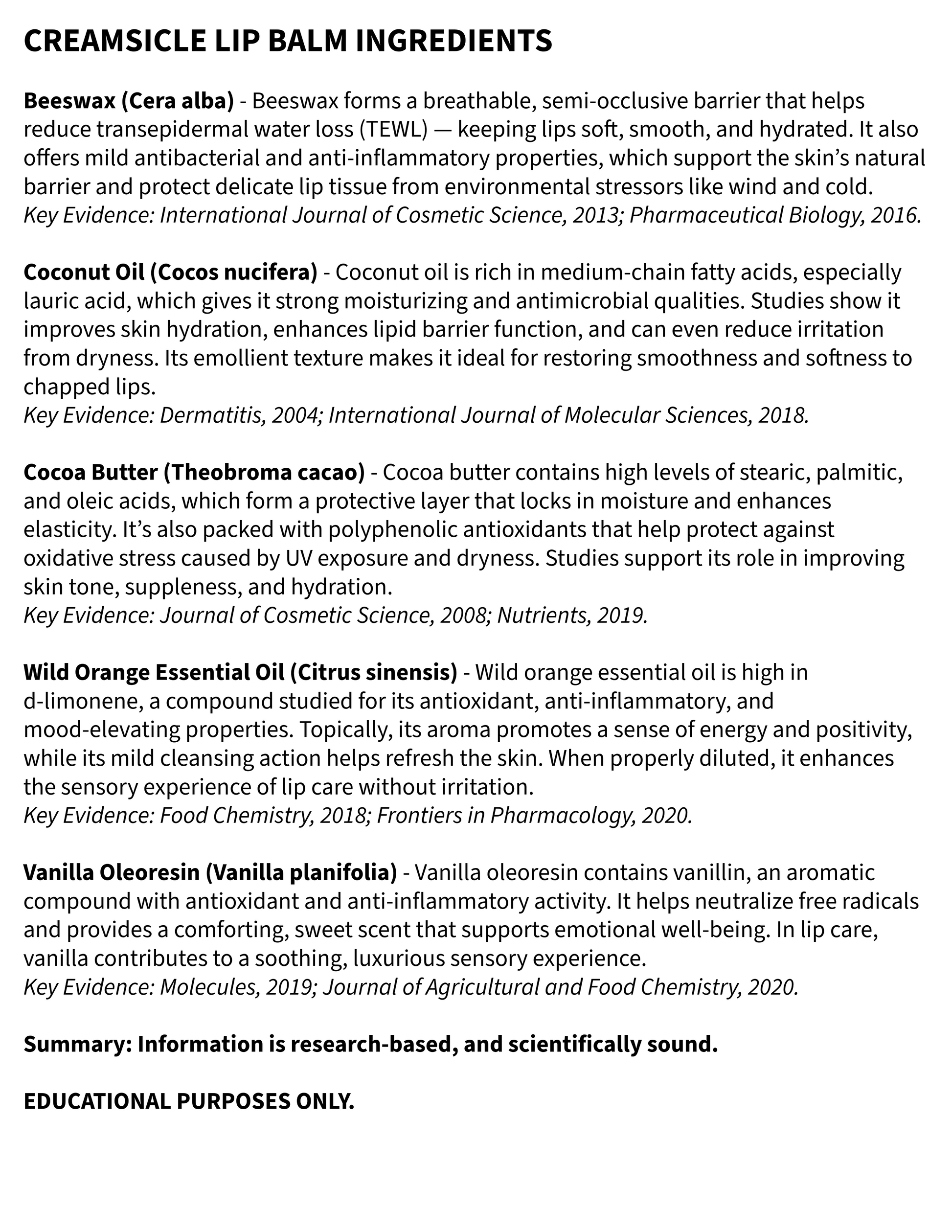 List of creamsicle lip balm ingredients with supporting text on a white background