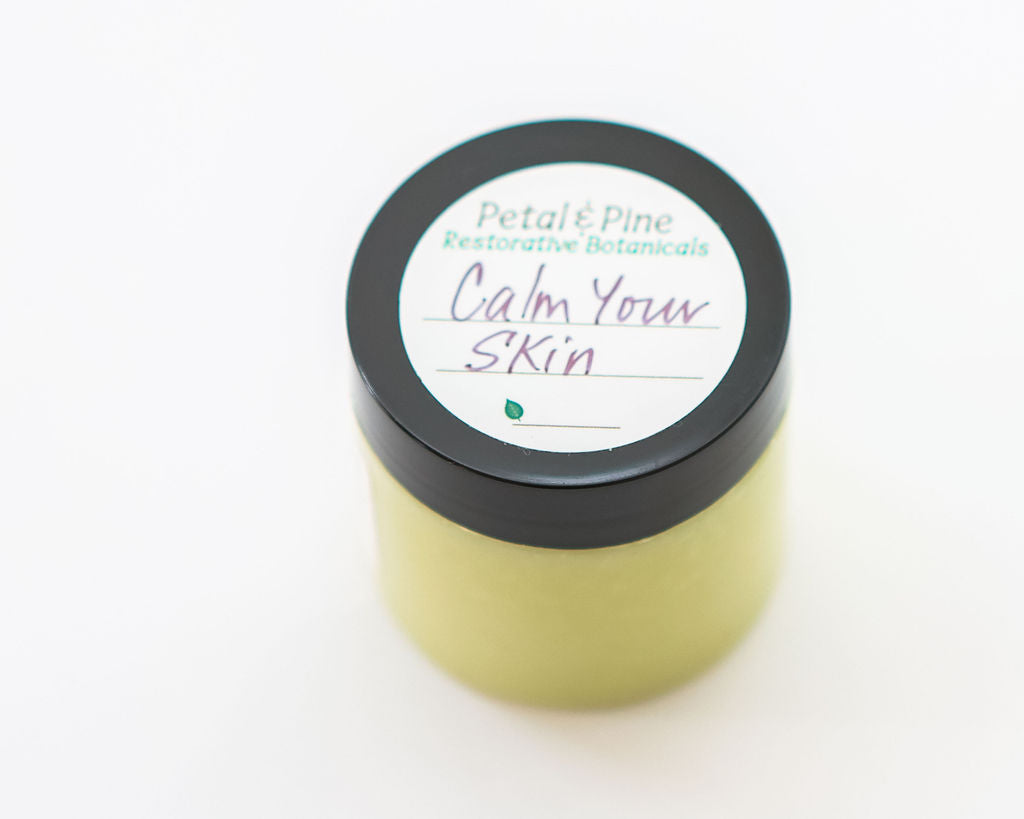 Jar of 'Calm Your Skin' product by Petal & Pine on a white background