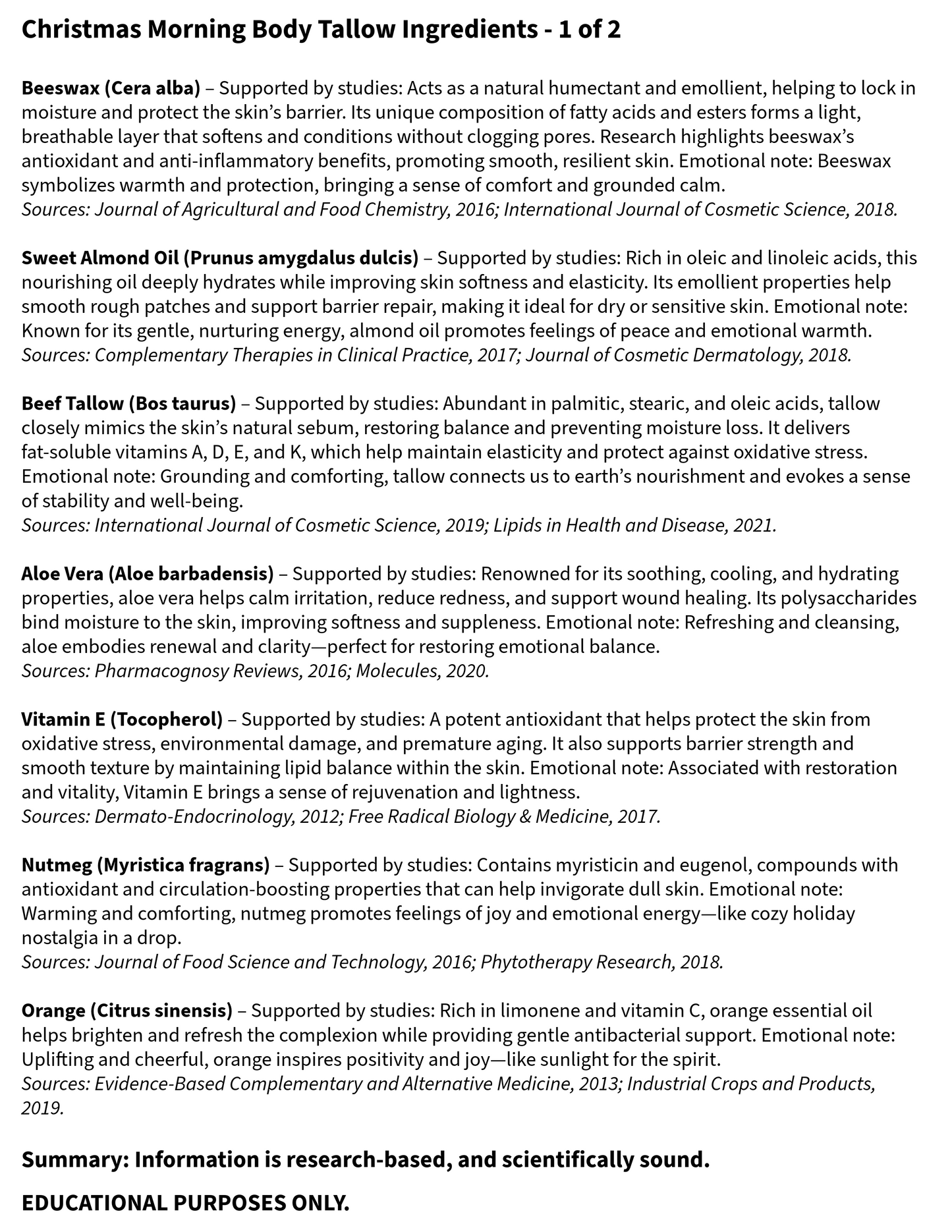 List of Christmas Morning Body Tallow Ingredients with sources and benefits on a white background