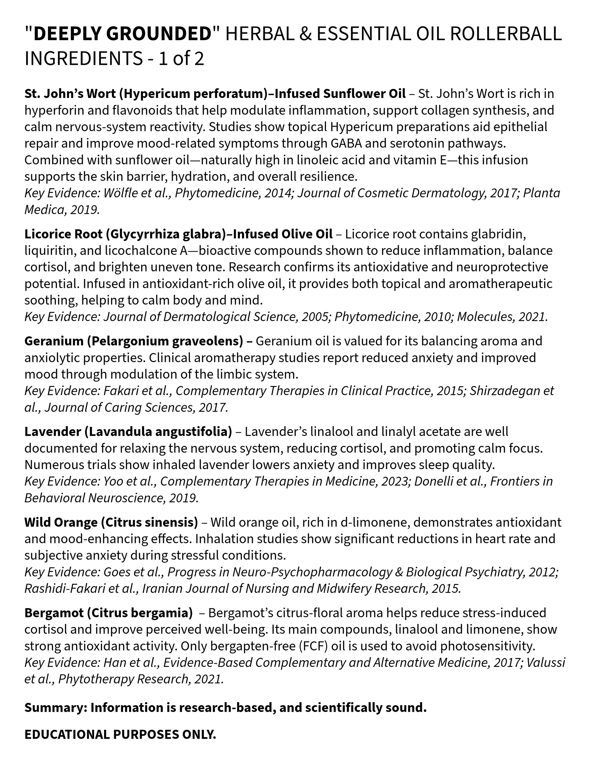 Text detailing the ingredients of a 'DEEPLY GROUNDED' herbal and essential oil rollerball, with a white background.