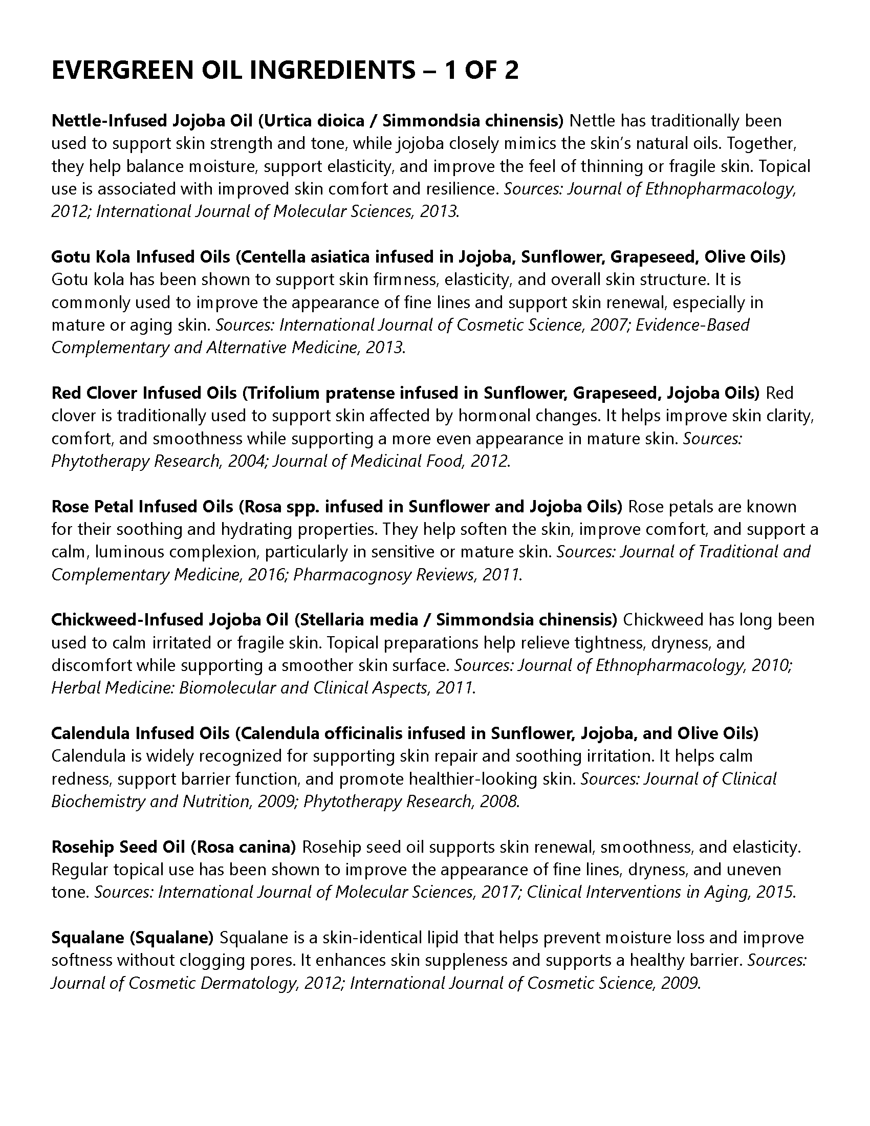 List of Evergreen Oil ingredients with a white background