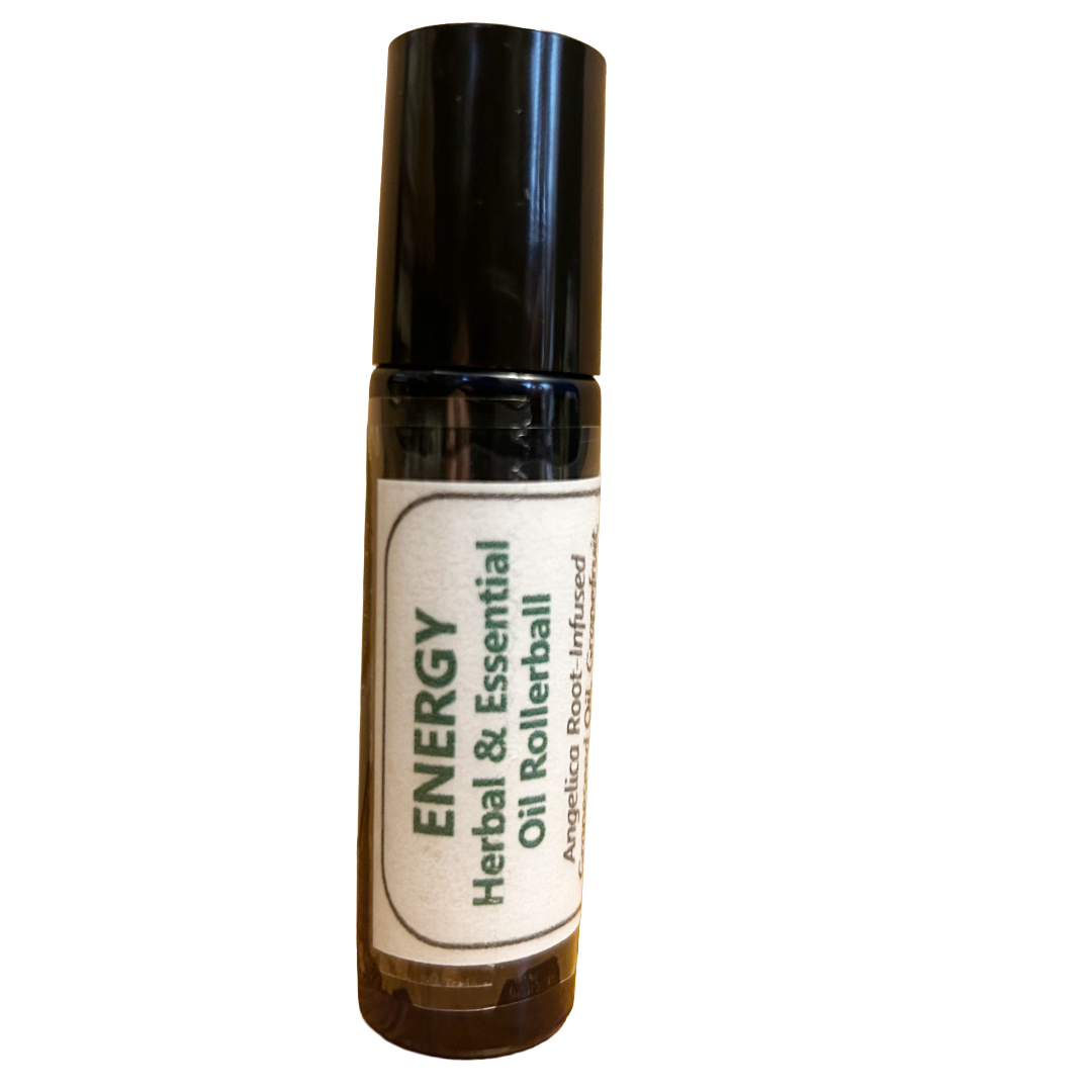 Rollerball bottle labeled 'Energy Herbal & Essential Oil' on a white background