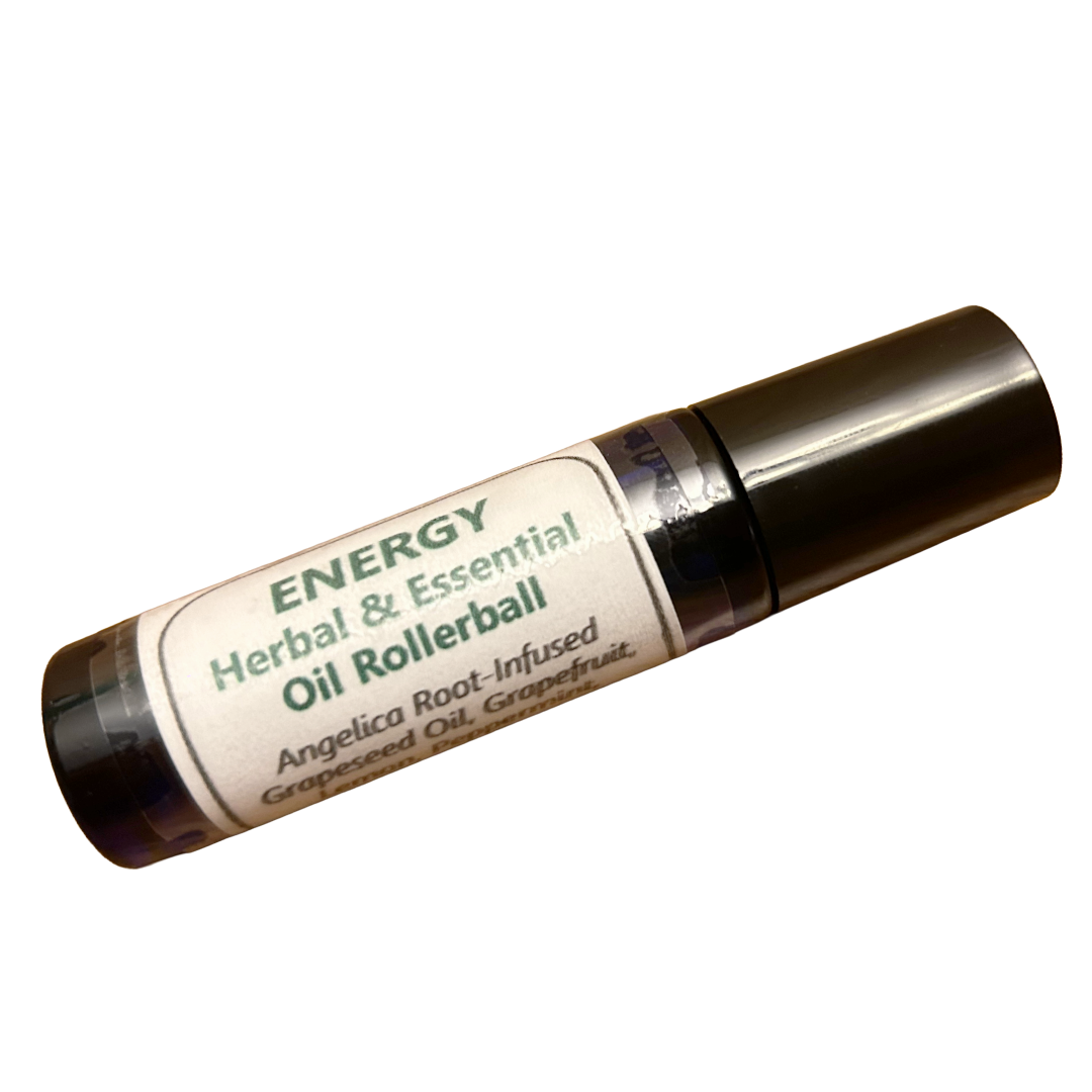Rollerball with 'Energy Herbal & Essential Oil' label on a white background
