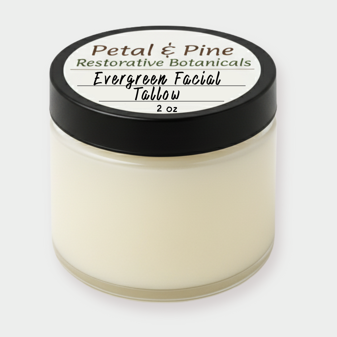 Jar of Petal & Pine Evergreen Facial Tallow on a white background