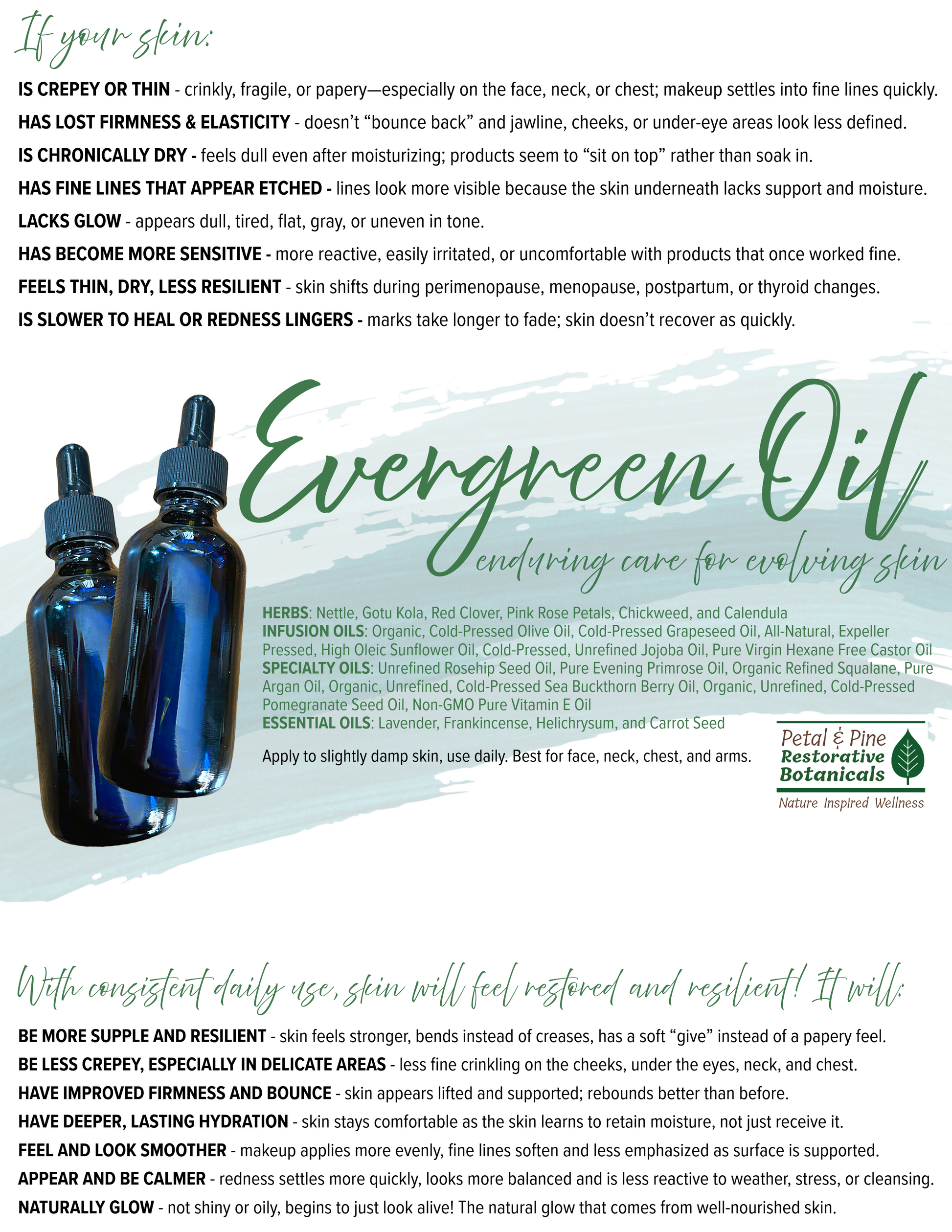 Flyer for Evergreen Oil with two blue bottles on a white background