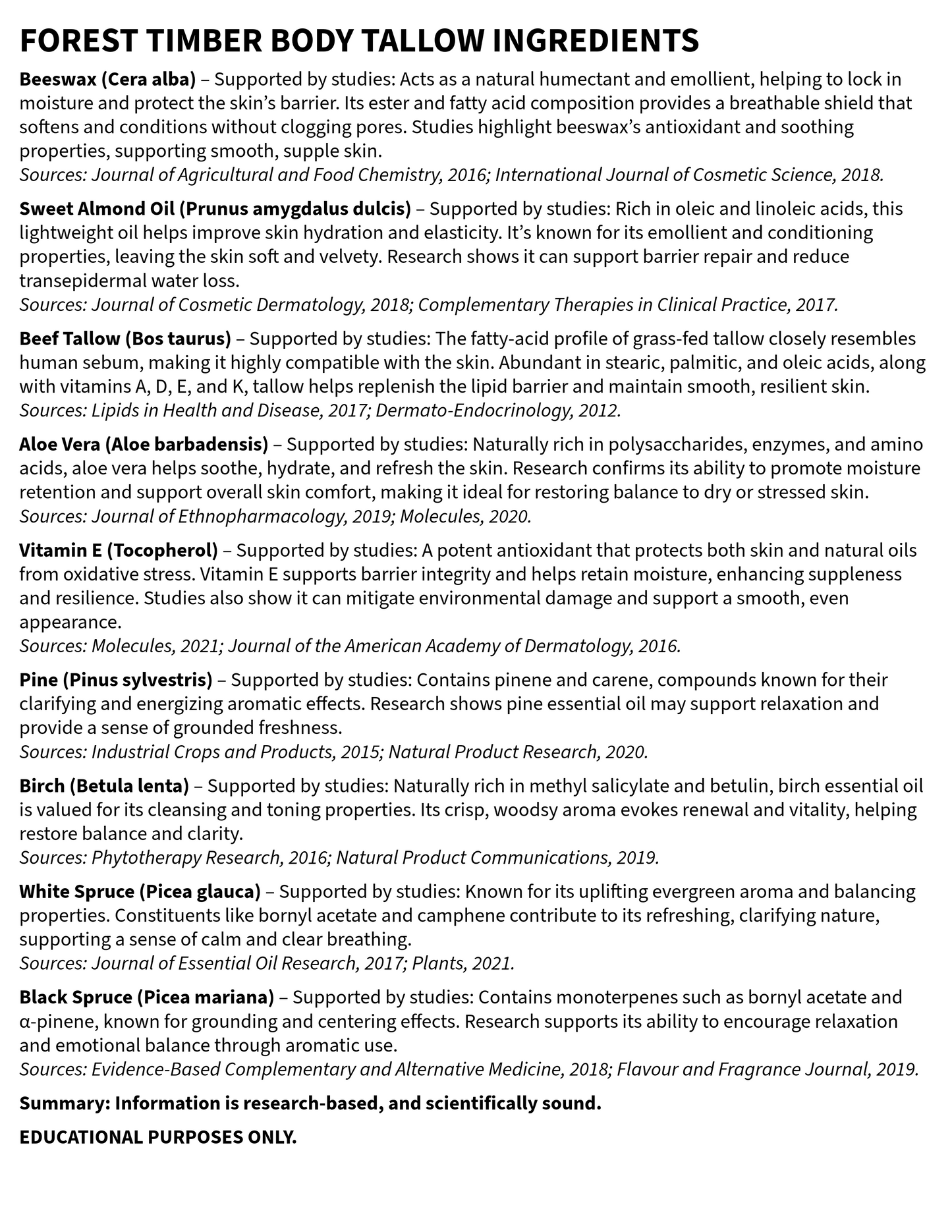 List of forest timber body tallow ingredients with sources cited on a white background
