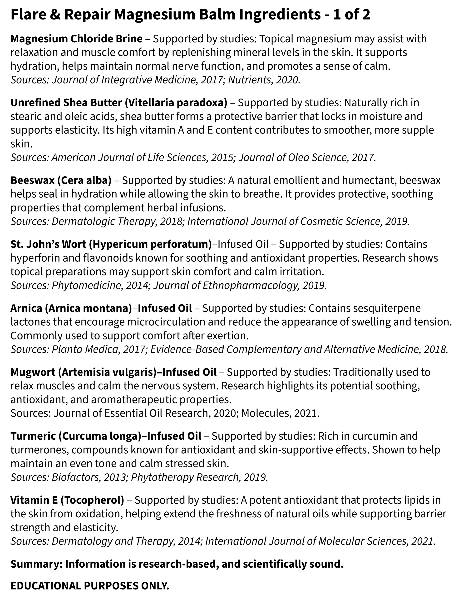 Researched and scientifically proven facts of ingredients showing citations from journals. 