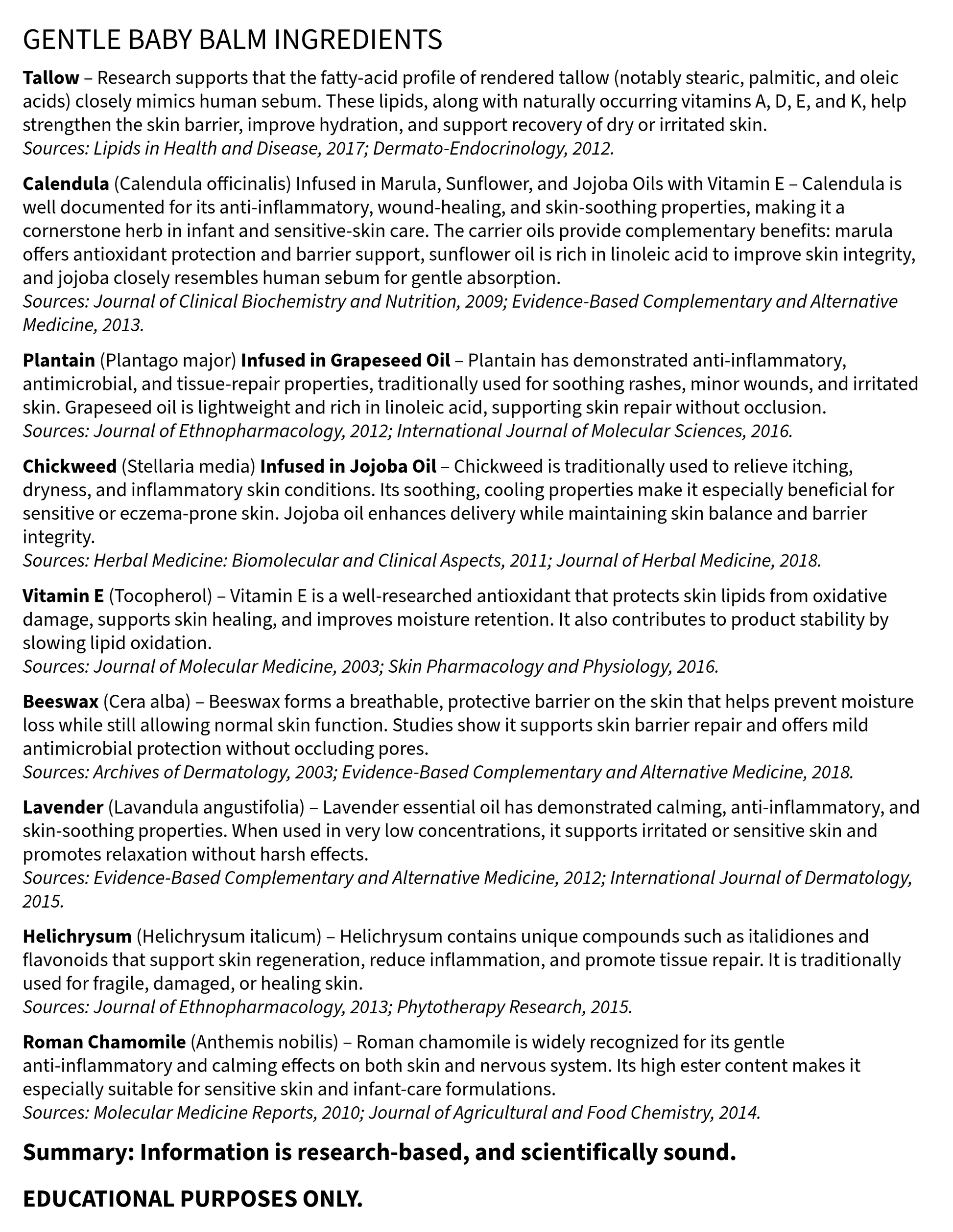 List of ingredients for a gentle baby balm with sources cited.
