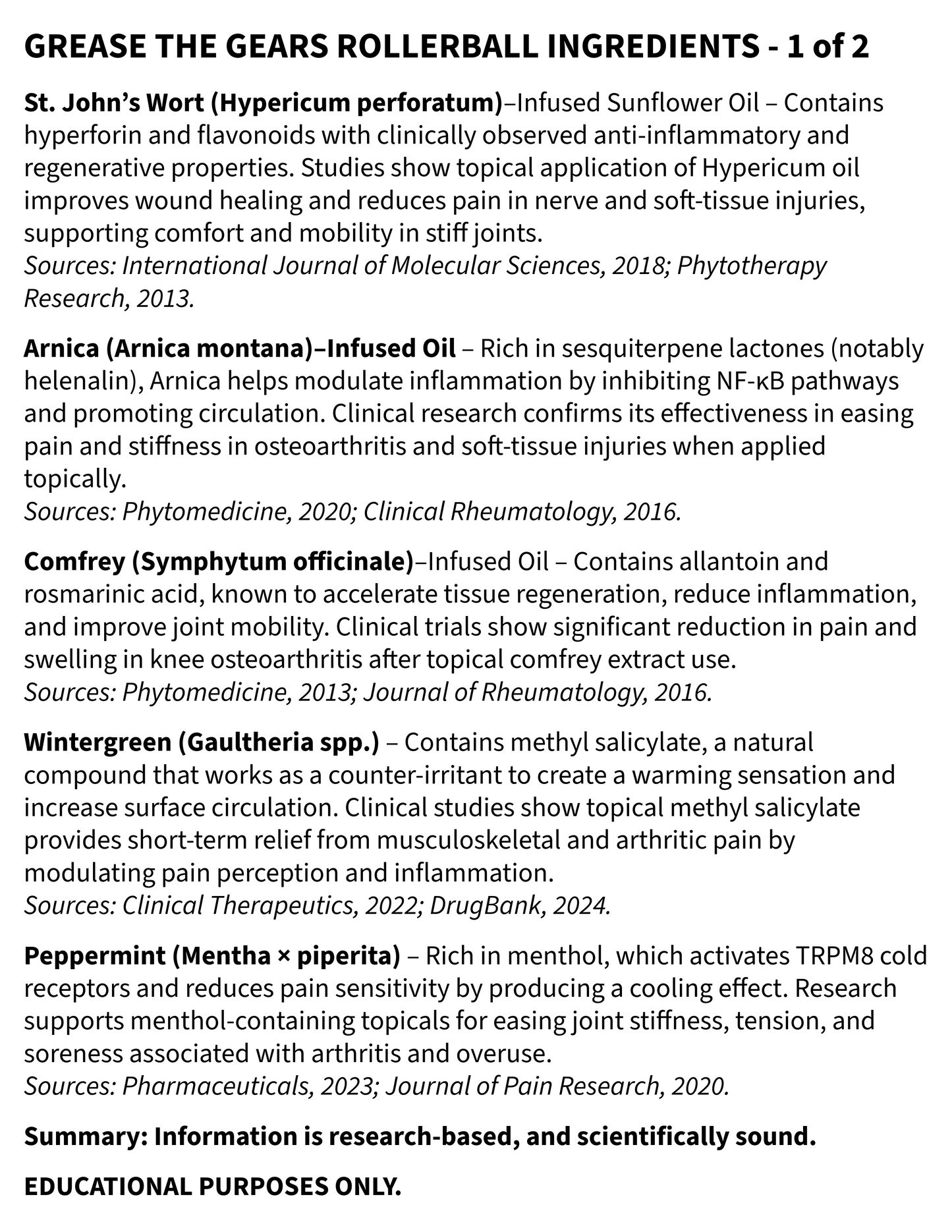 List of ingredients for Grease the Gears Rollerball with sources cited on a white background