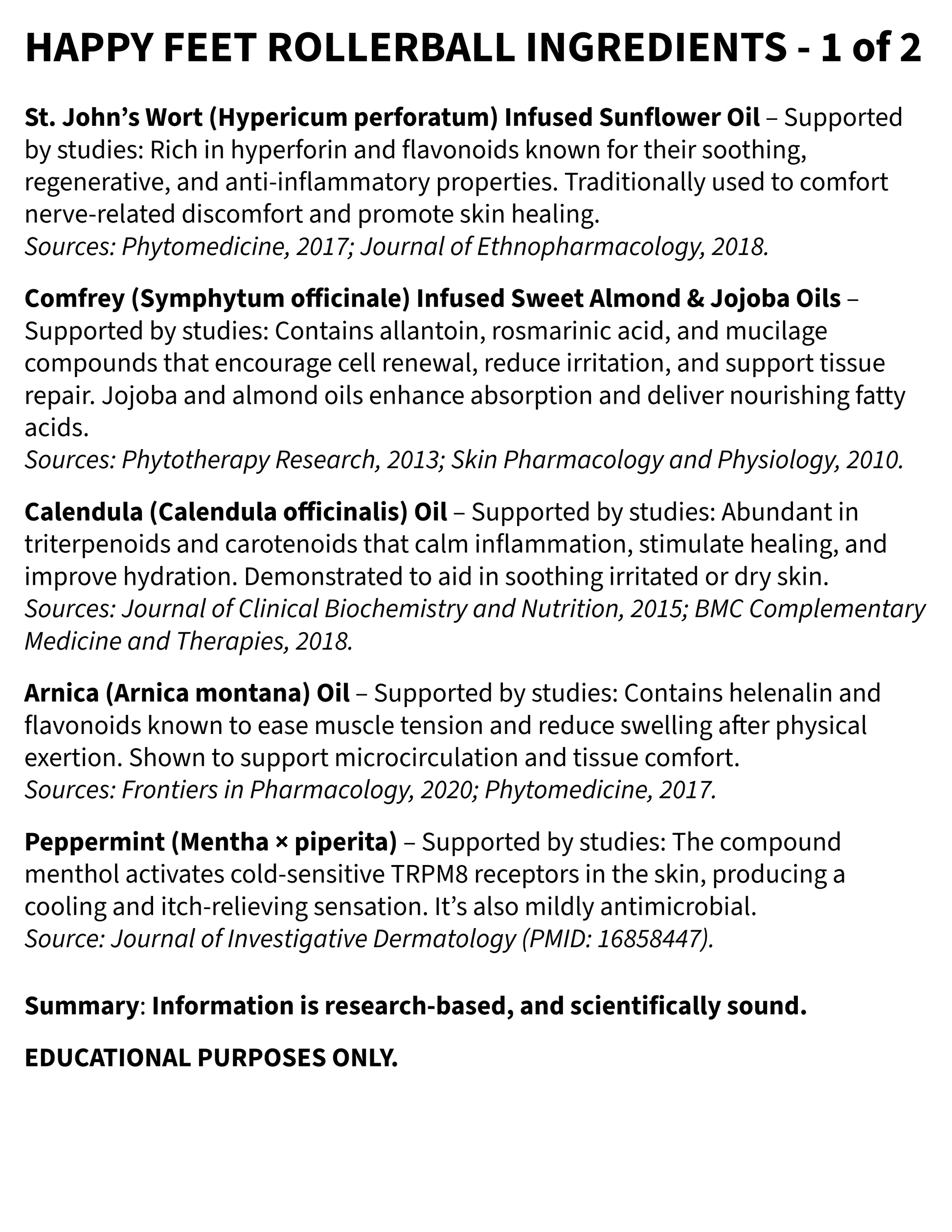 List of ingredients for Happy Feet Rollerball with sources cited on a white background