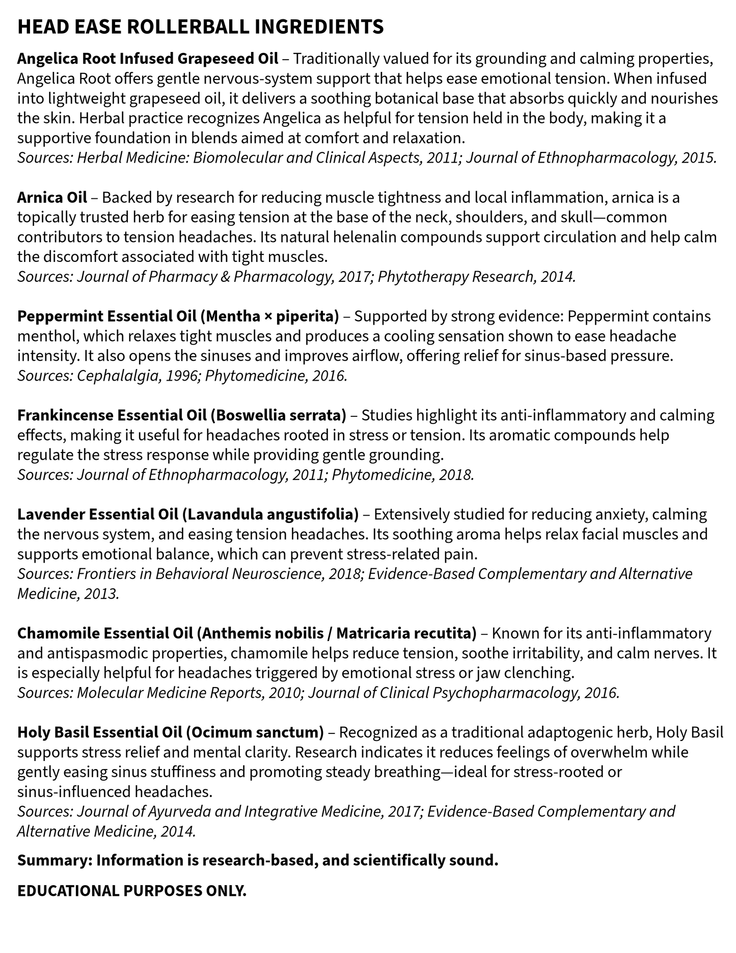 list of ingredients and scientifically proven facts for the head ease herbal and essential oil rollerball at petal & pine restorative botanicals