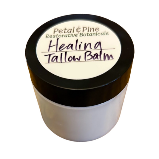 Jar of Petal & Pine Healing Tallow Balm on a white background