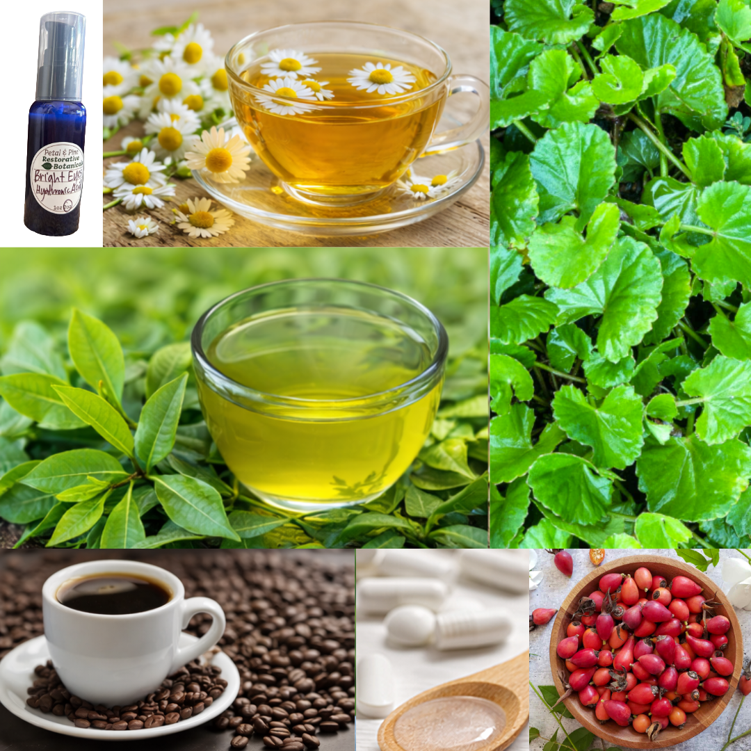 Collage of images related to herbal and natural products including tea, herbs, and coffee.