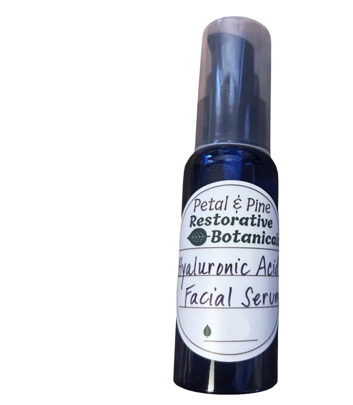 Facial serum bottle with a label on a white background