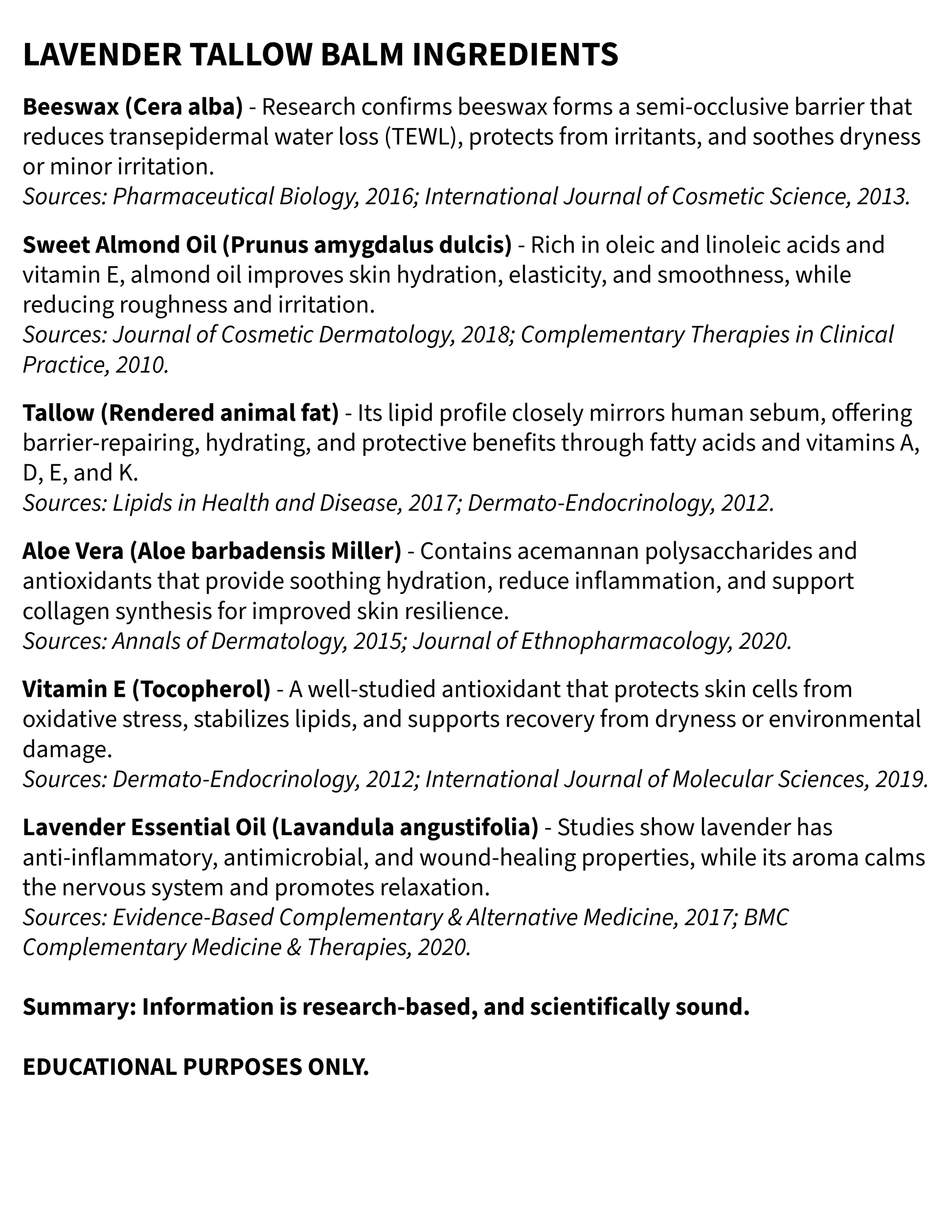 Lavender tallow balm ingredients list with sources on a white background