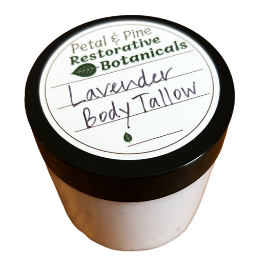 Lavender body tallow jar with 'Petal & Pine Restorative Botanicals' label on a white background