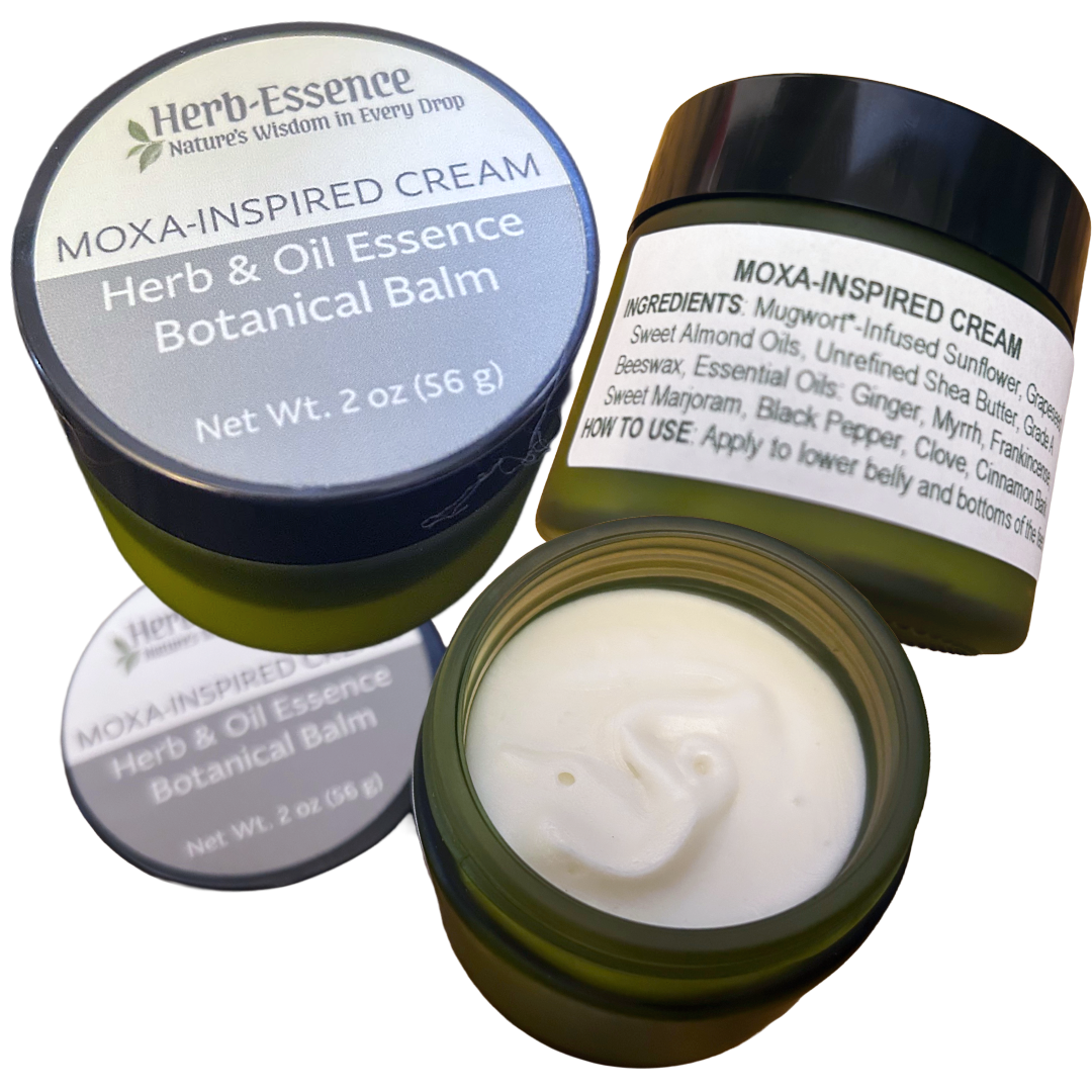 Herb-Essence Moxa-Inspired Cream packaging with open jar showing cream inside.