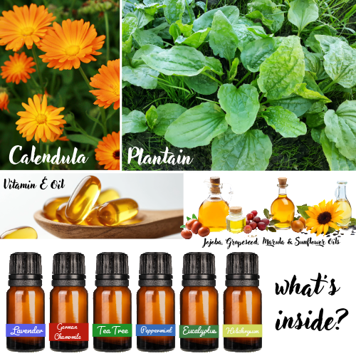 Collage of calendula flowers, plantain leaves, vitamin E oil, and essential oil bottles with labels.