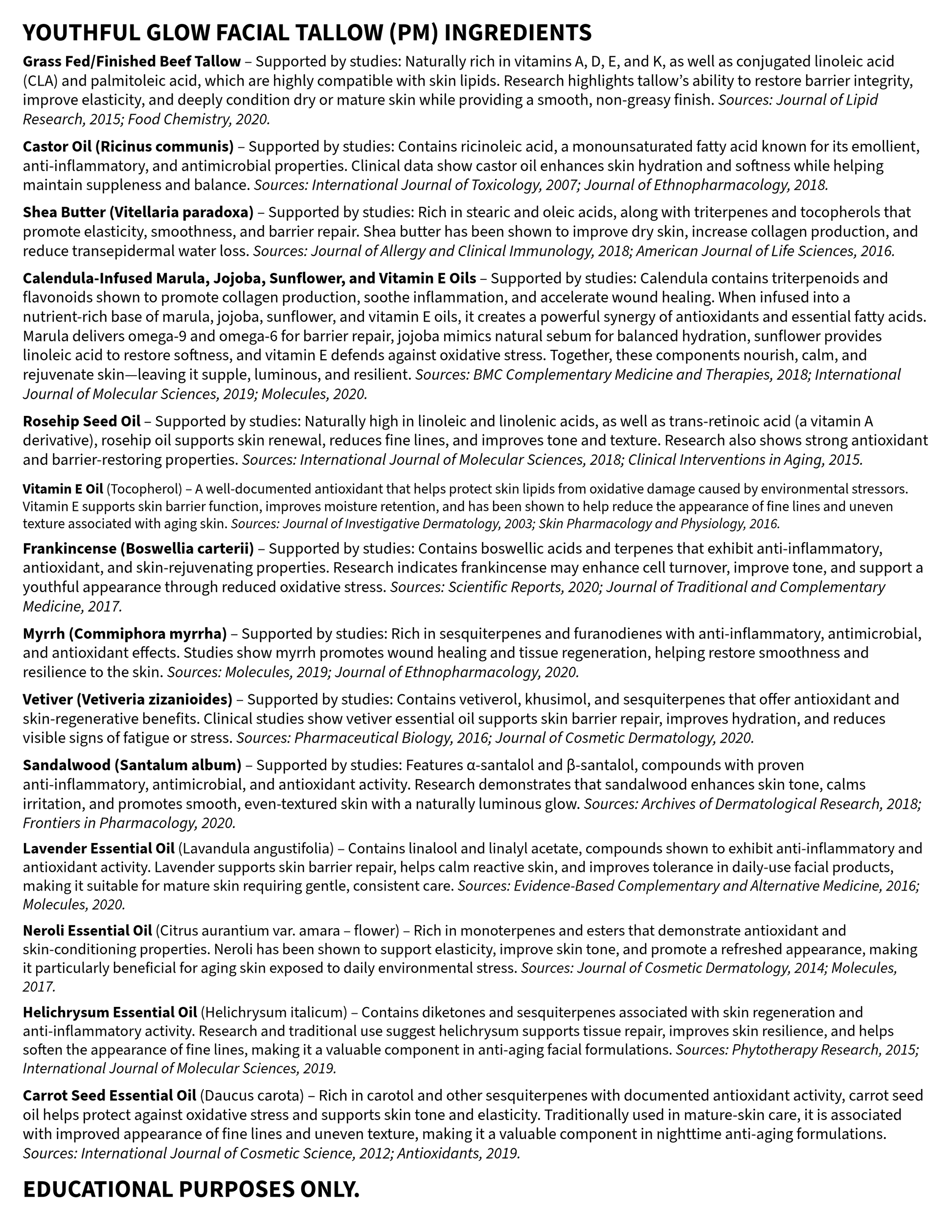 Product label with youthful glow facial tallow PM ingredients list
