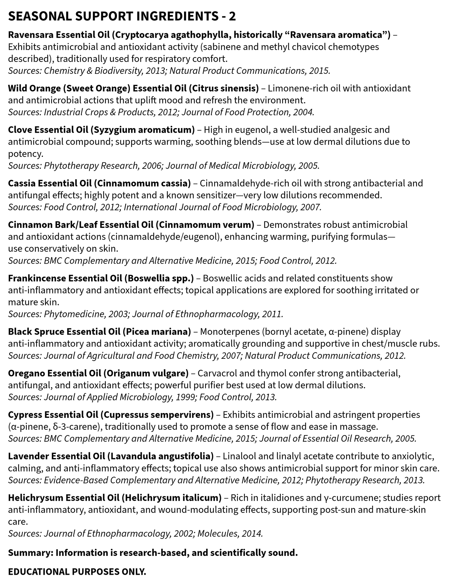 List of essential oils with their uses and sources on a white background