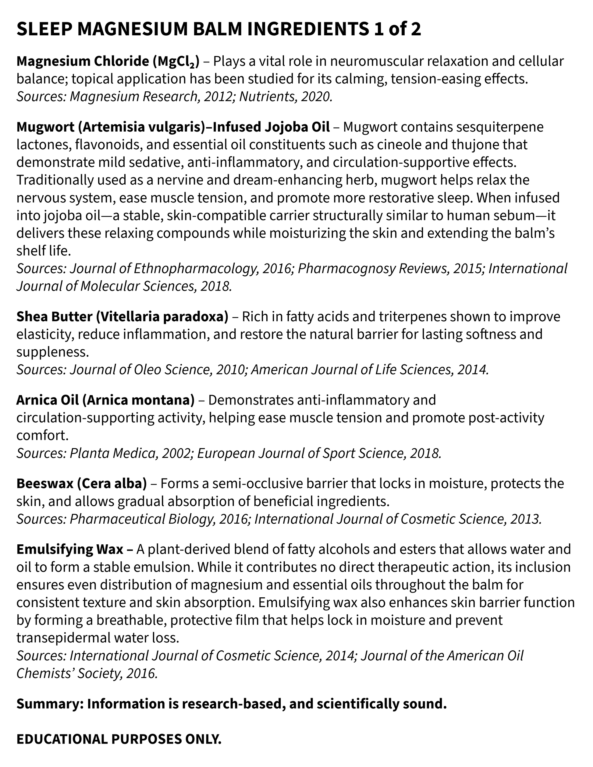 Sleep Magnesium Ingredient Listing with scientifically proven thoughts on a white background