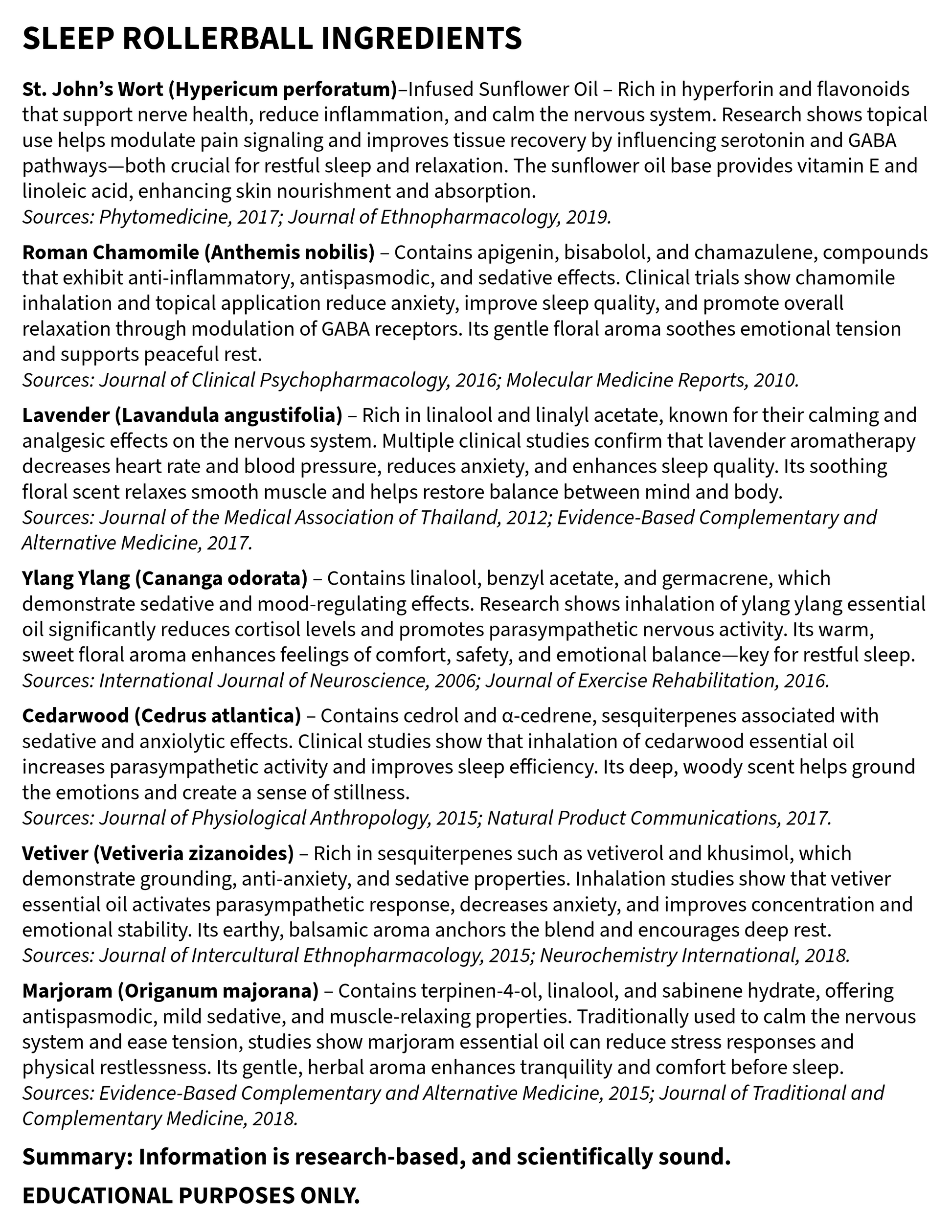 List of sleep rollerball ingredients with sources cited on a white background