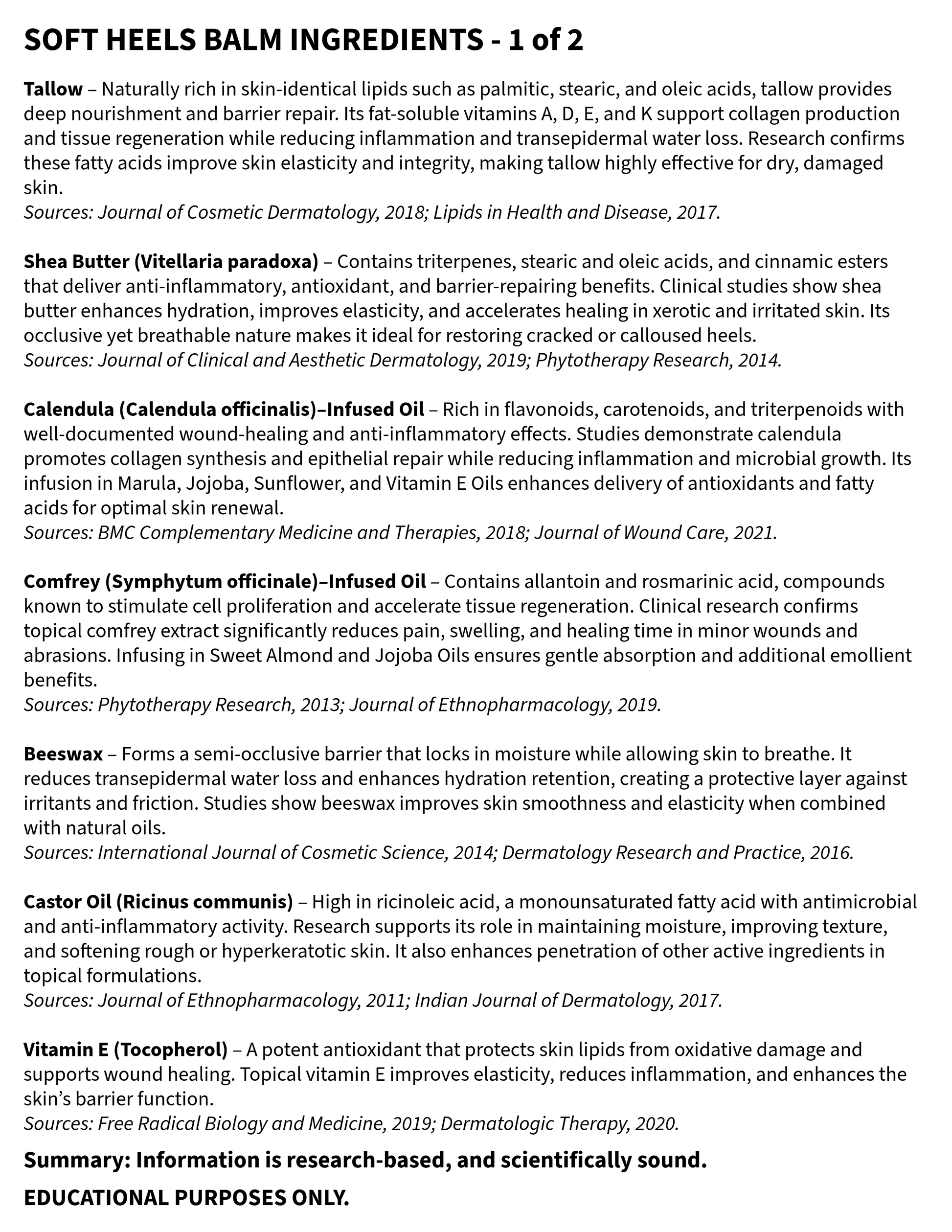 List of soft heel balm ingredients with sources cited on a white background