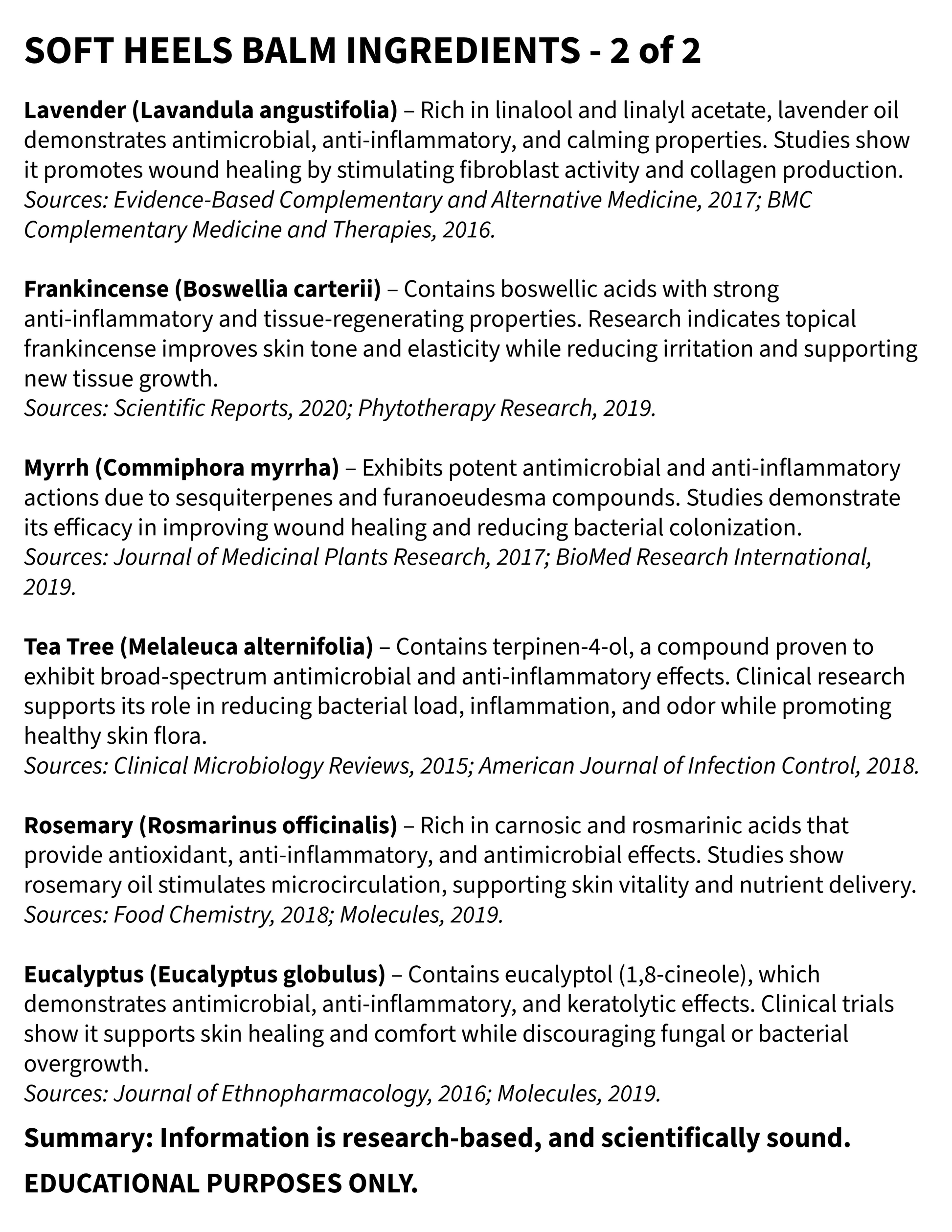 List of Soft Heels Balm ingredients with sources cited on a white background