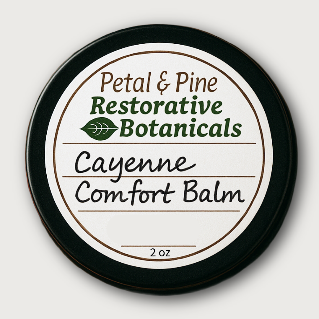 Cayenne Comfort Balm container with 'Petal & Pine Restorative Botanicals' label on a white background