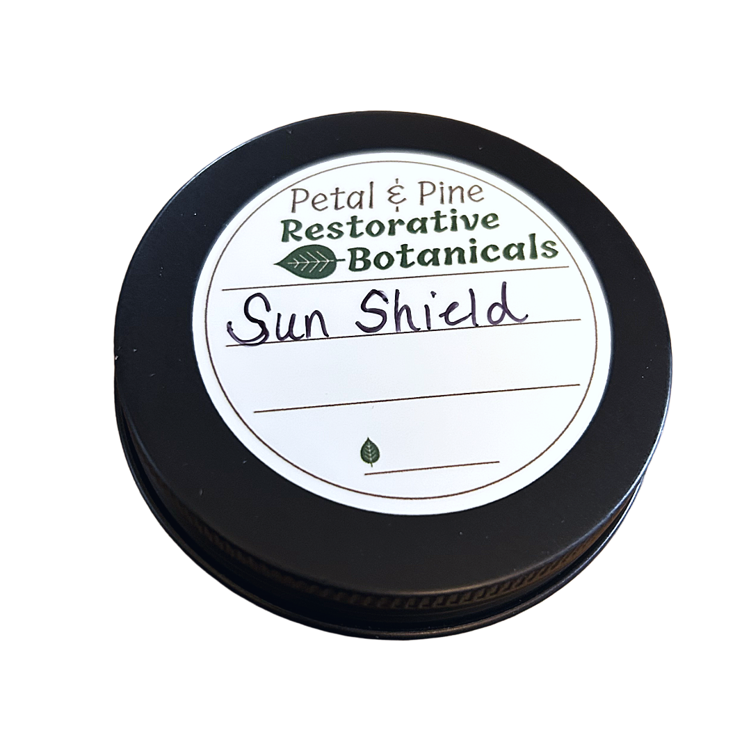 Jar of 'Sun Shield' by Petal & Pine Restorative Botanicals on a white background