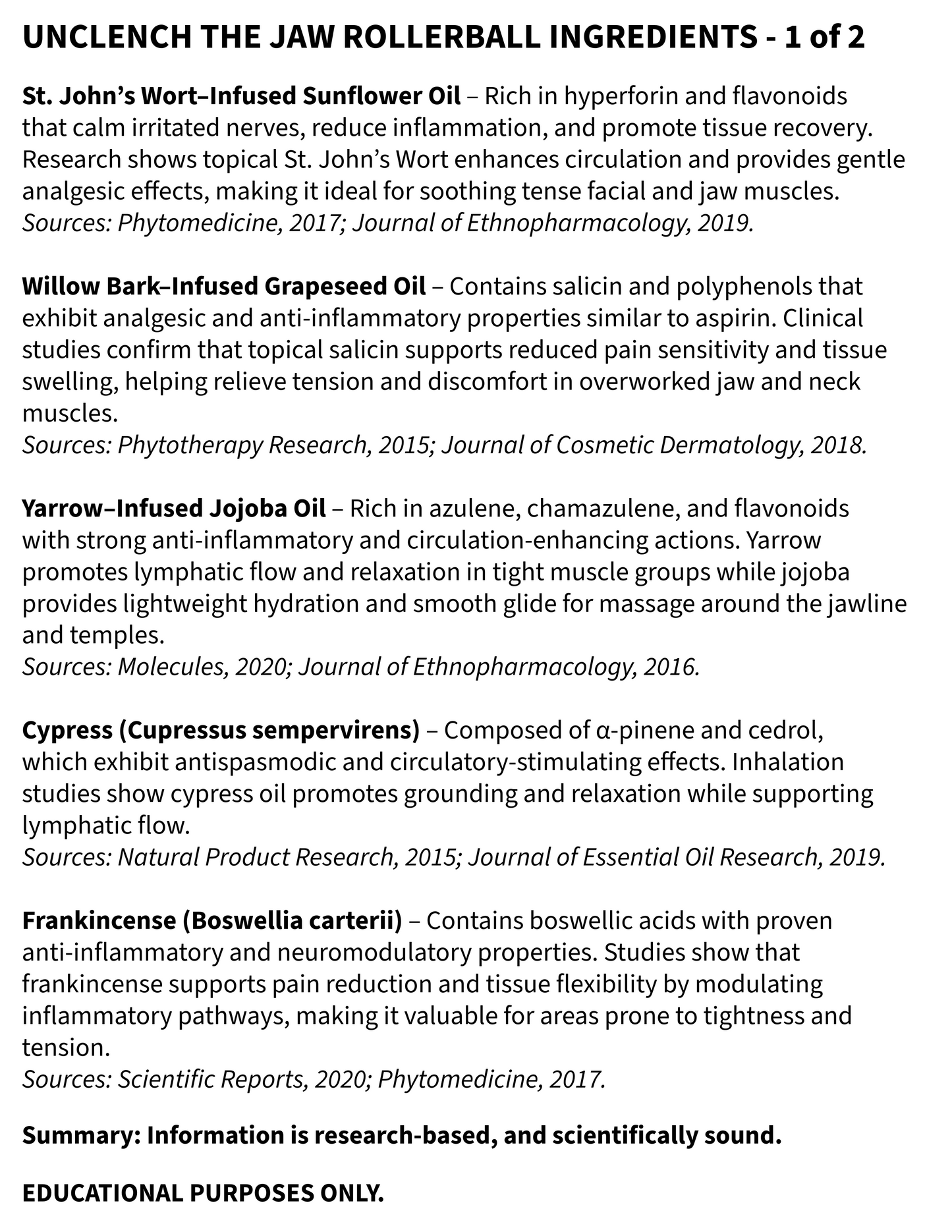 List of Unclench the Jaw Rollerball ingredients with sources on a white background
