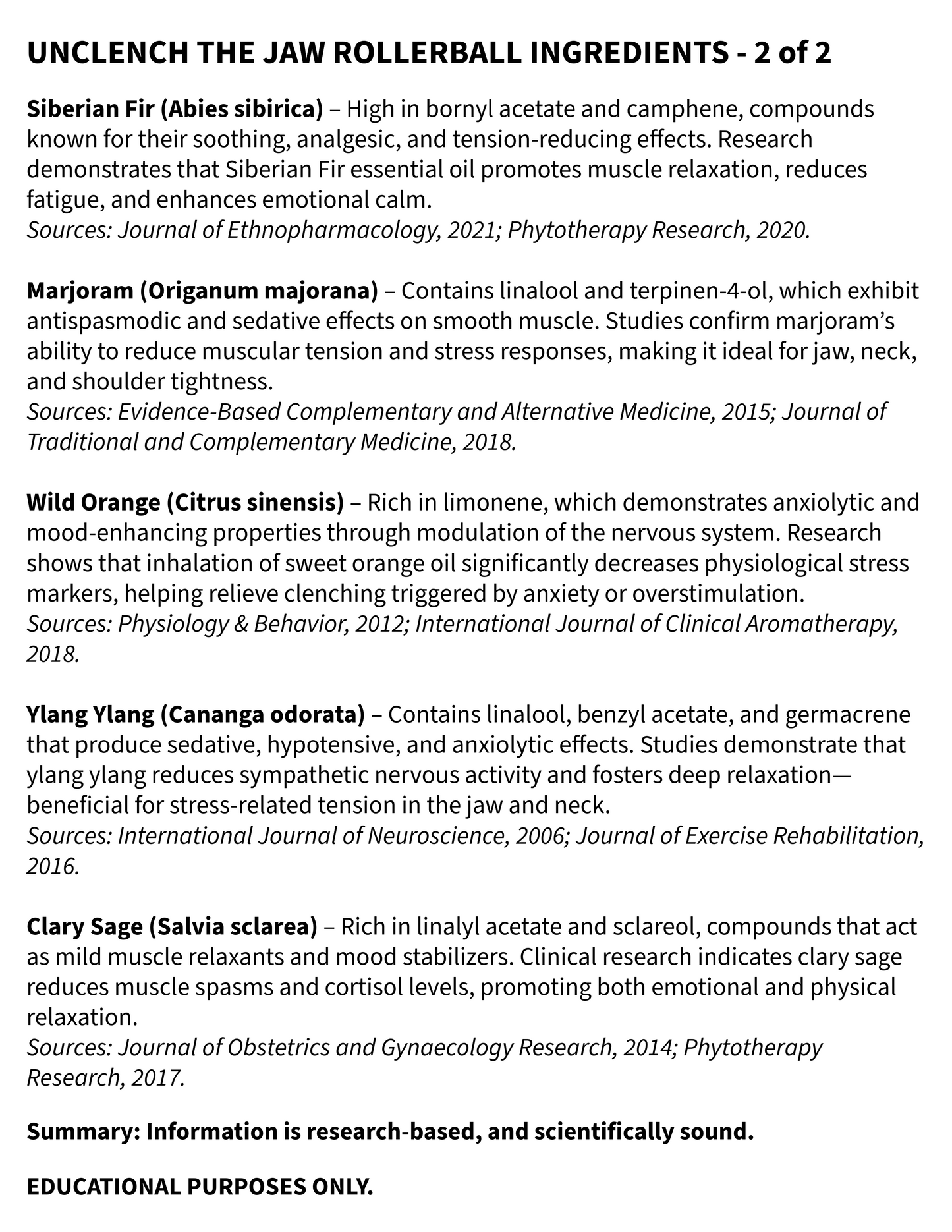 List of ingredients for an Uncleinch the Jaw Rollerball with sources cited.