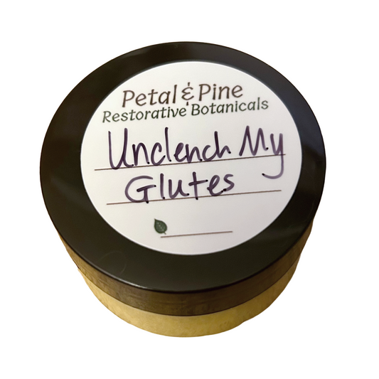Jar of 'Unclench My Glutes' by Petal & Pine on a white background