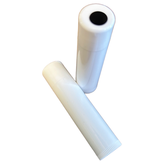 Two white cylindrical lip balms with a black center on a white background