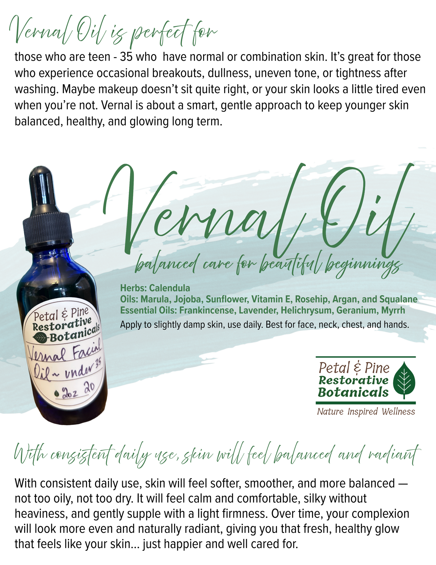 Vernal Oil bottle with product description on a white background Flyer